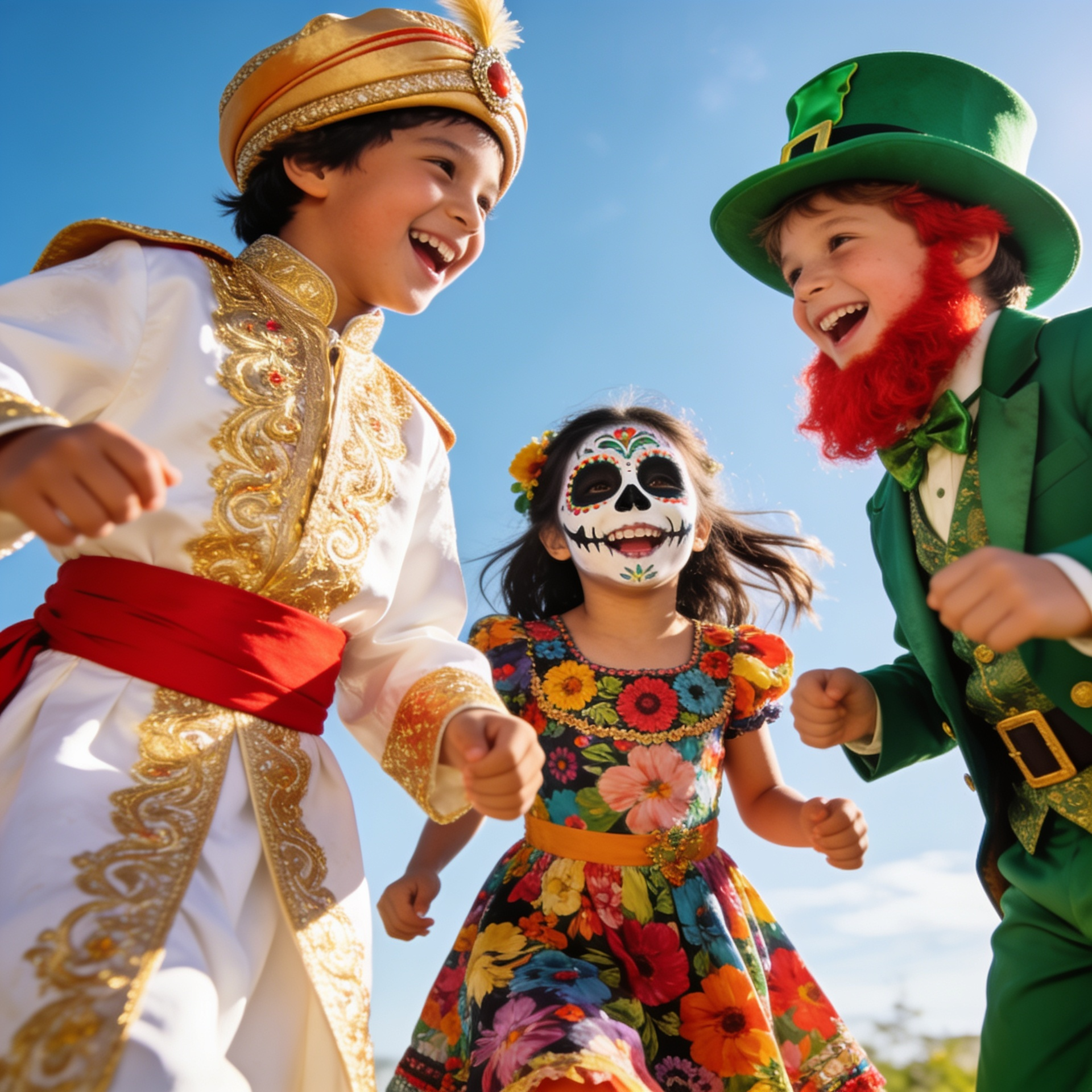 A joyful group of children playing together in different world fancy dress costumes, featuring one child as a magical Arabian prince, another in a colourful Mexican Day of the Dead sugar skull dress, and a third in a deluxe green Irish leprechaun outfit.