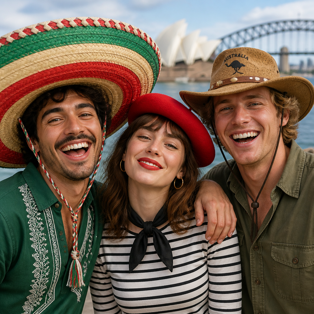 A fun, energetic group of friends posing together in world-themed fancy dress hats, featuring a man in a giant colorful Mexican sombrero, a woman in a chic red French beret, and another person wearing a classic Australian cork hat.