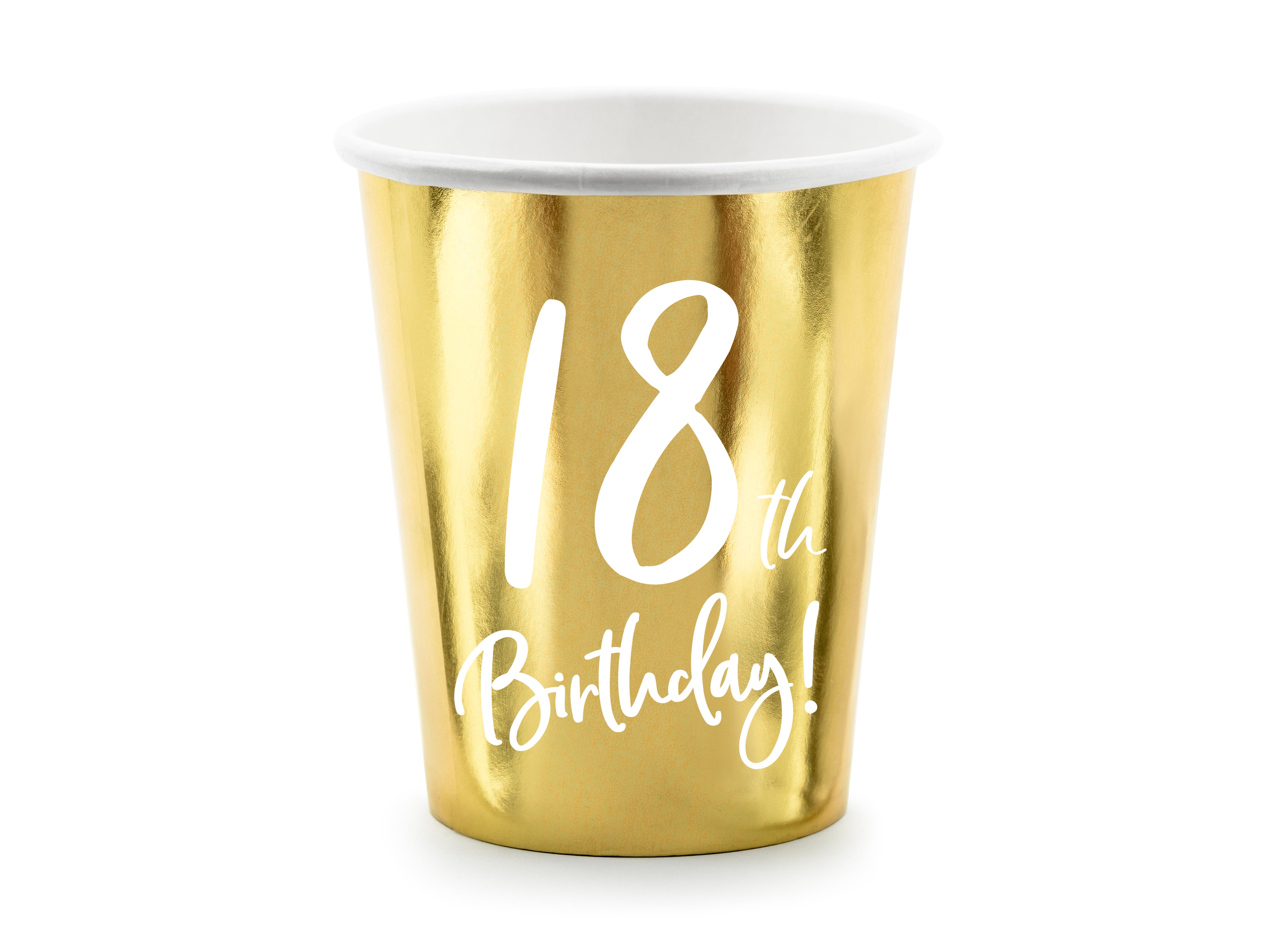 A single metallic gold paper cup with "18th Birthday!" written in white script on its side, isolated on a white background.