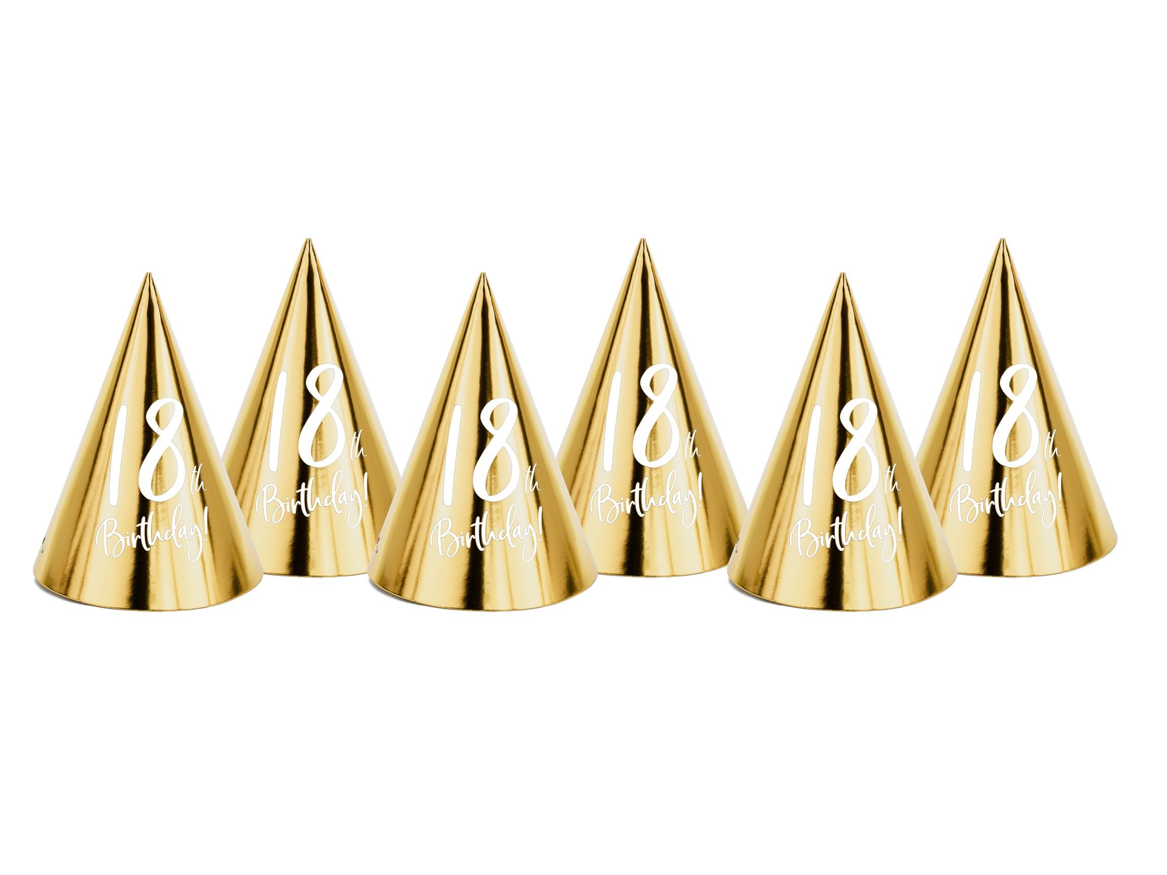 A row of six metallic gold conical party hats, each printed with "18th Birthday!" in white script, arranged against a white background.