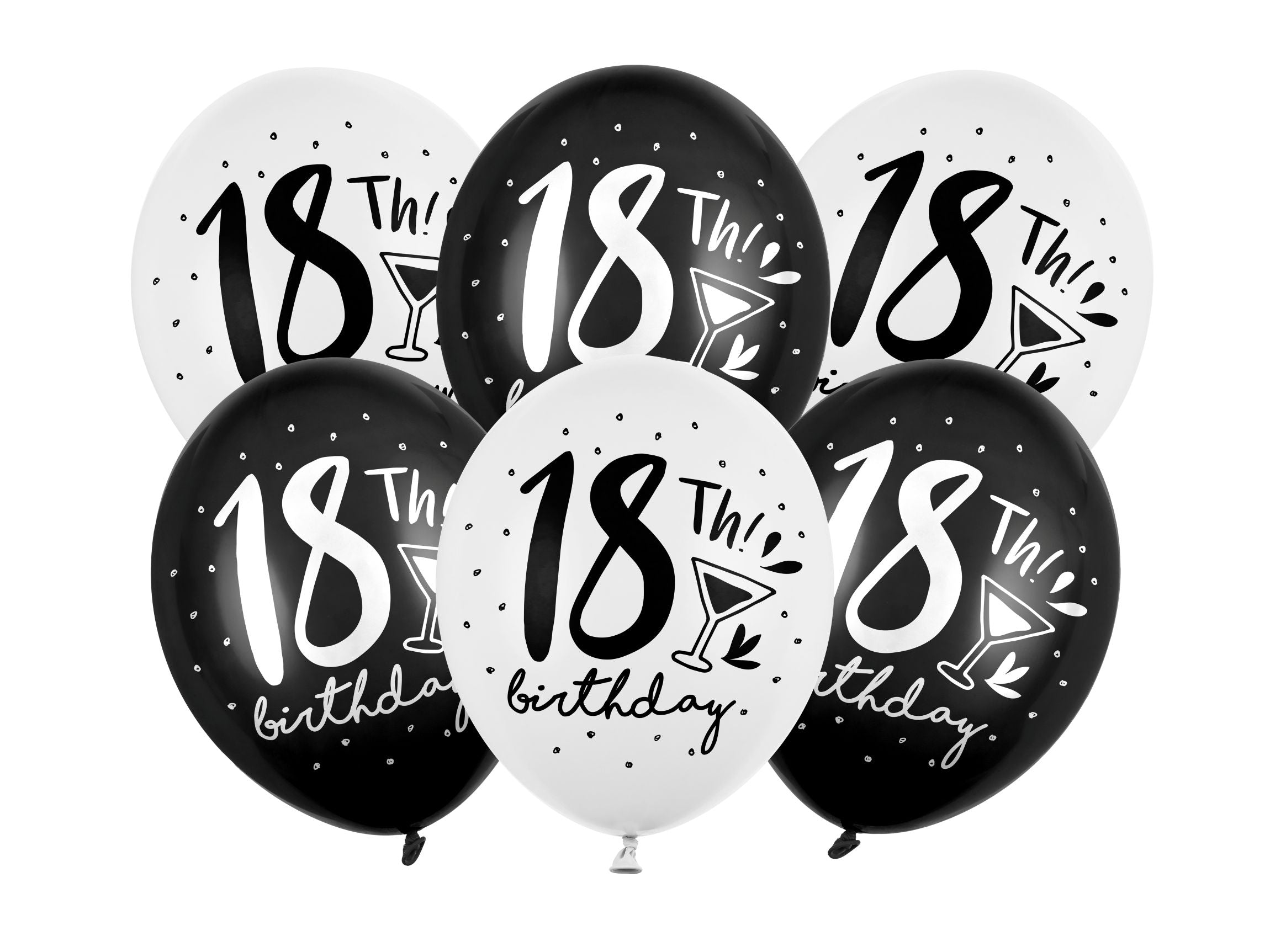 A cluster of six latex balloons for an 18th birthday celebration, featuring alternating black and white balloons. Each balloon is printed with "18th Birthday!" and a cocktail glass design, scattered with small dots.