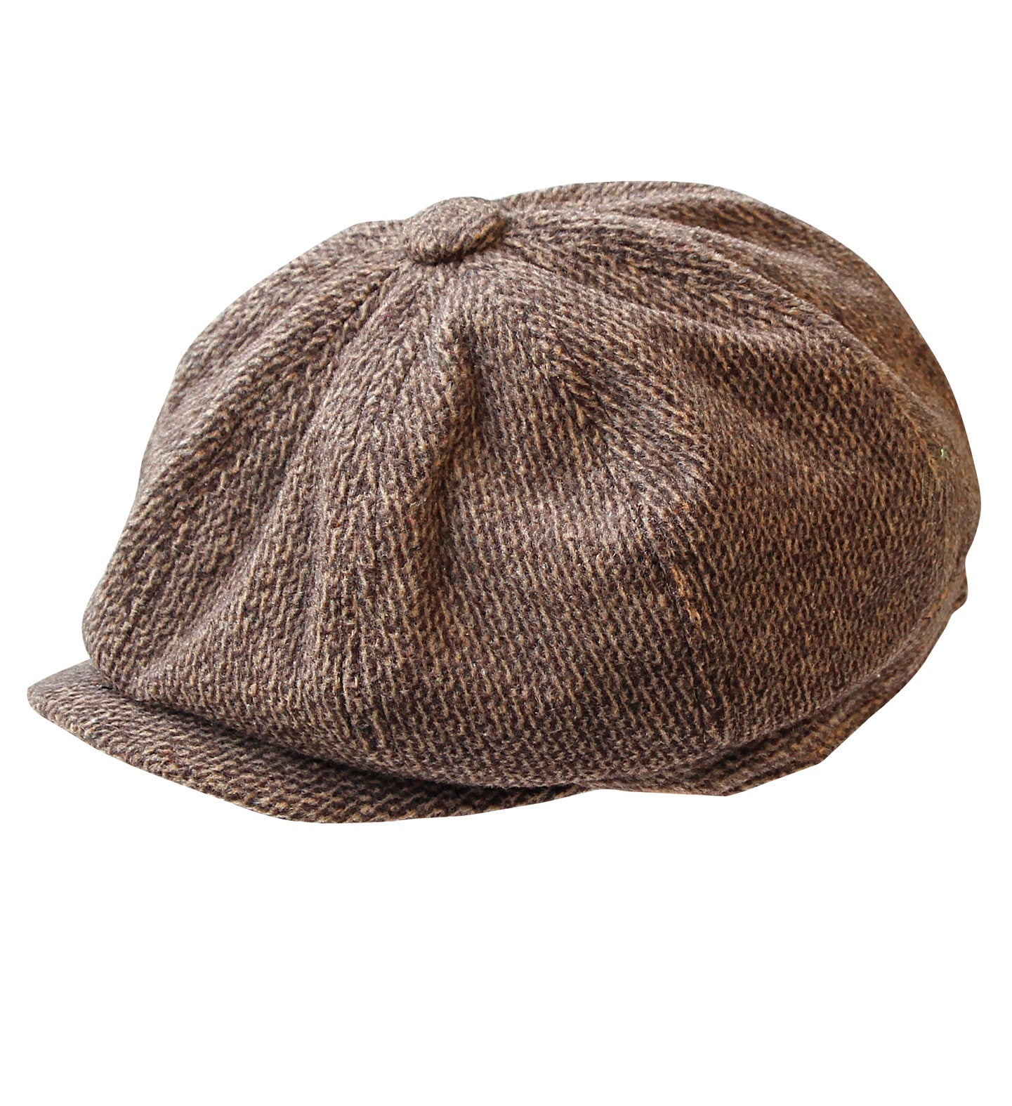 A close-up view of a classic 1920s style brown and grey textured flat cap featuring a paneled design, short brim, and a fabric top button.