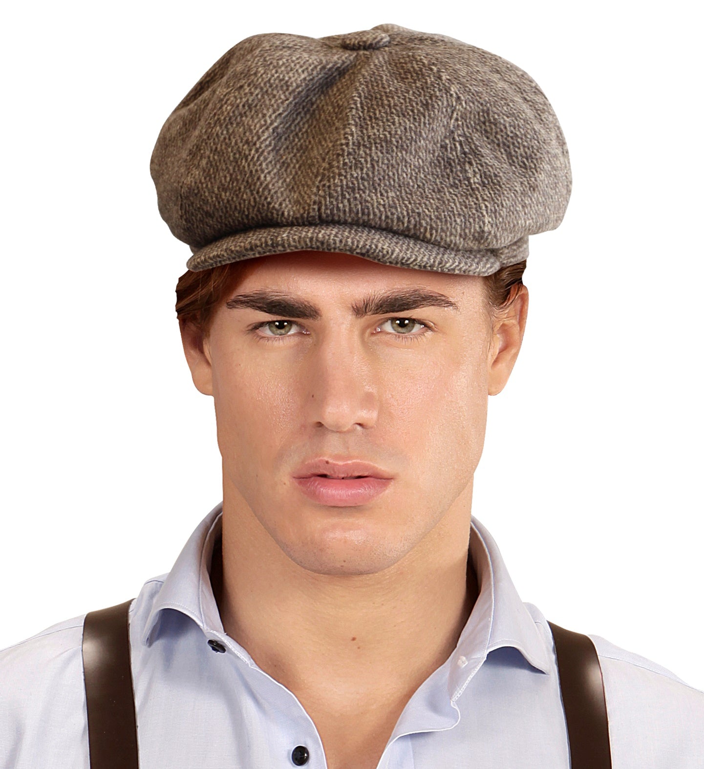 A model wearing a classic 1920s style brown textured newsboy cap, styled with a light blue button-down shirt and brown suspenders.