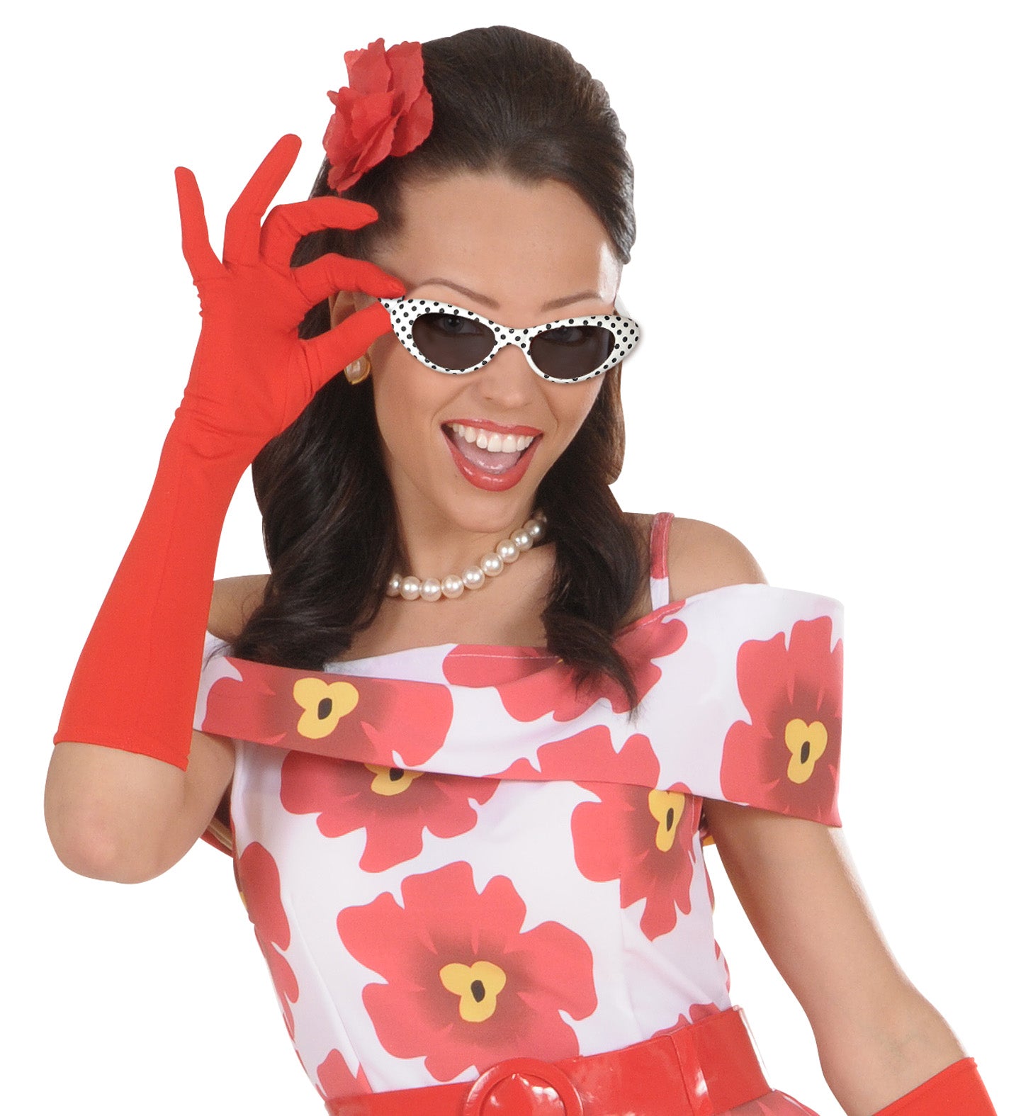 Woman posing with 1950's polka dot sunglasses and red gloves for a retro fashion costume.