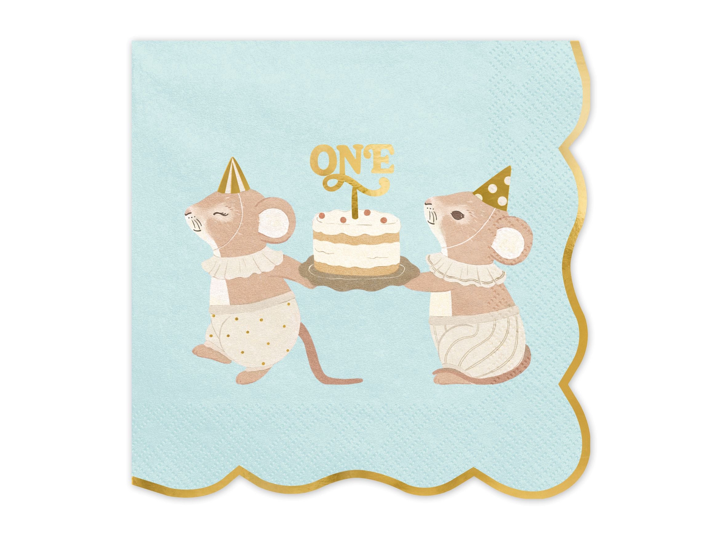 Close-up of a folded light blue party napkin featuring a gold scalloped edge and two cute mice carrying a birthday cake with a gold ONE topper.