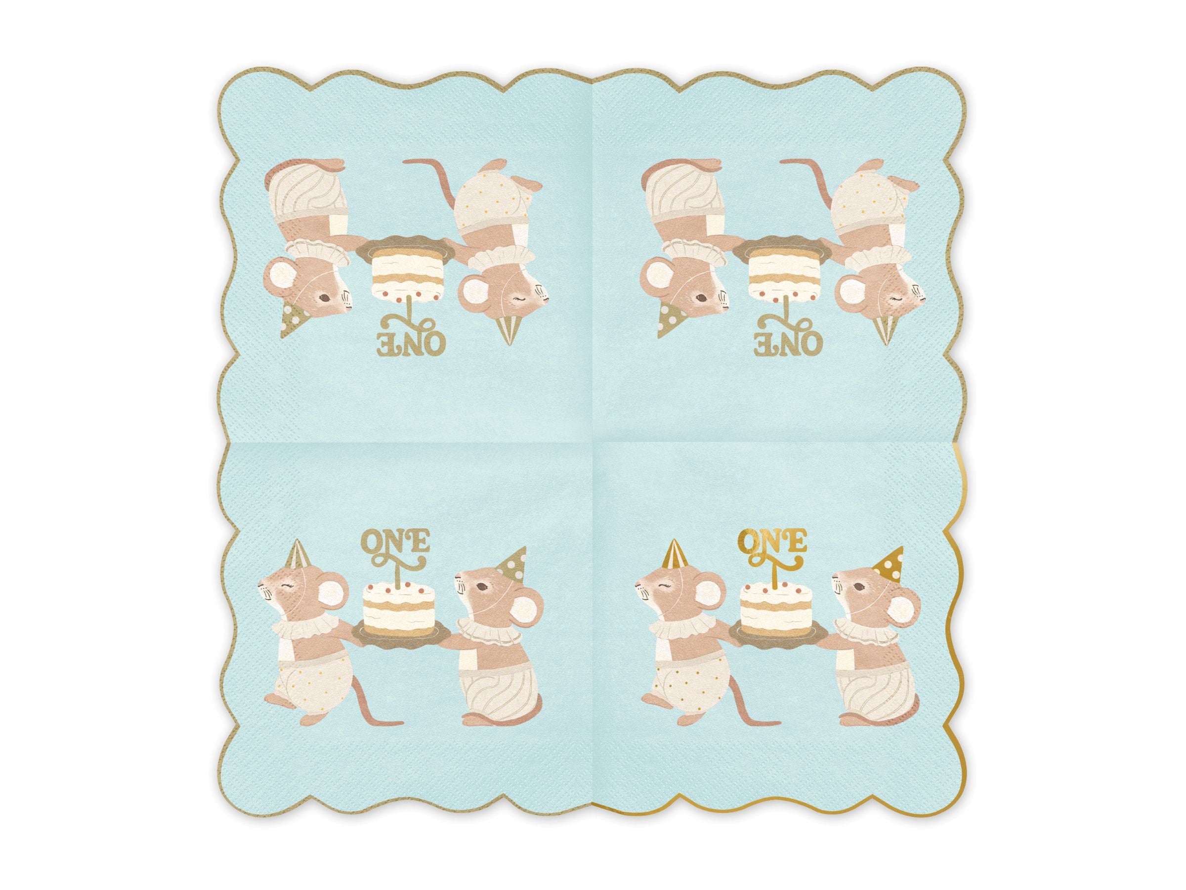 A fully unfolded pastel blue 2-ply party napkin showing the repeated vintage illustration of two mice holding a cake.