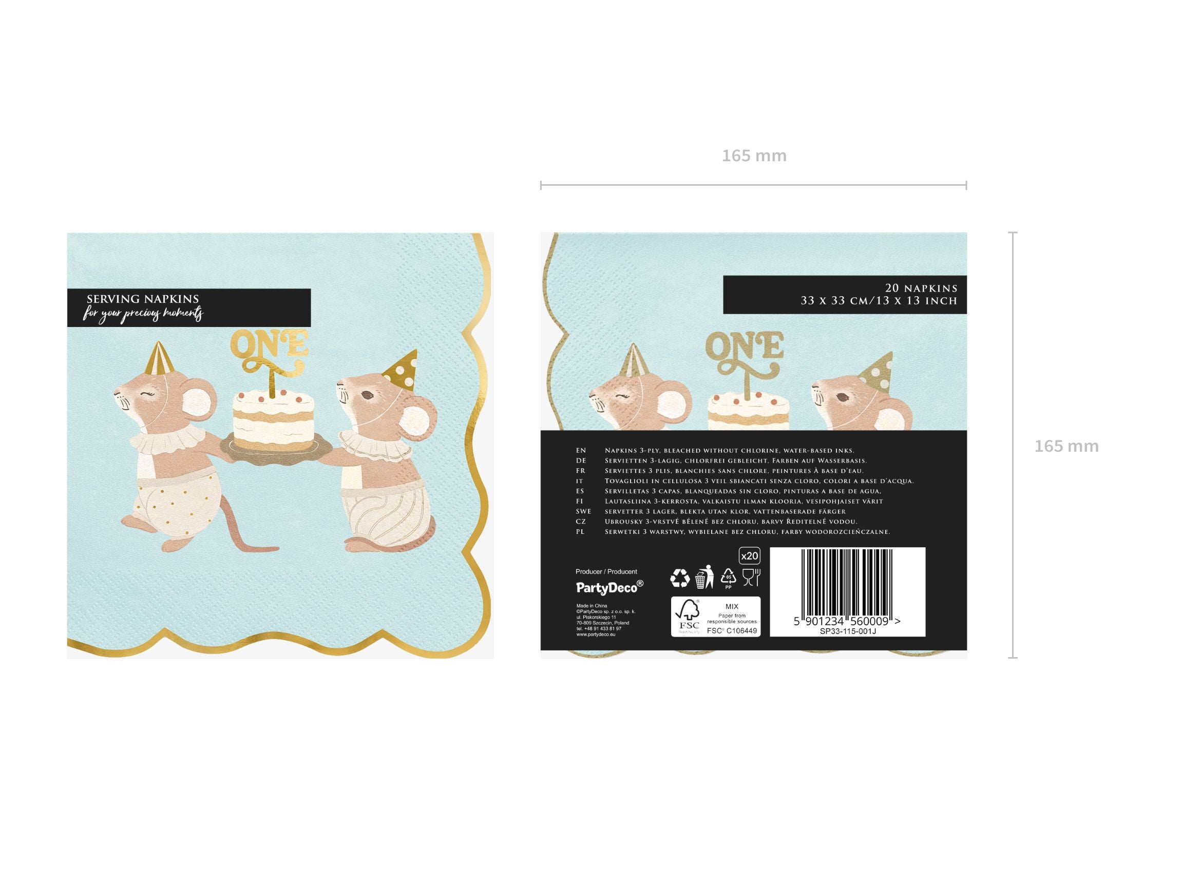 Front and back packaging details of the 12-pack 1st Birthday blue mice napkins, displaying the 33x33 cm sizing and eco-friendly manufacturing details.
