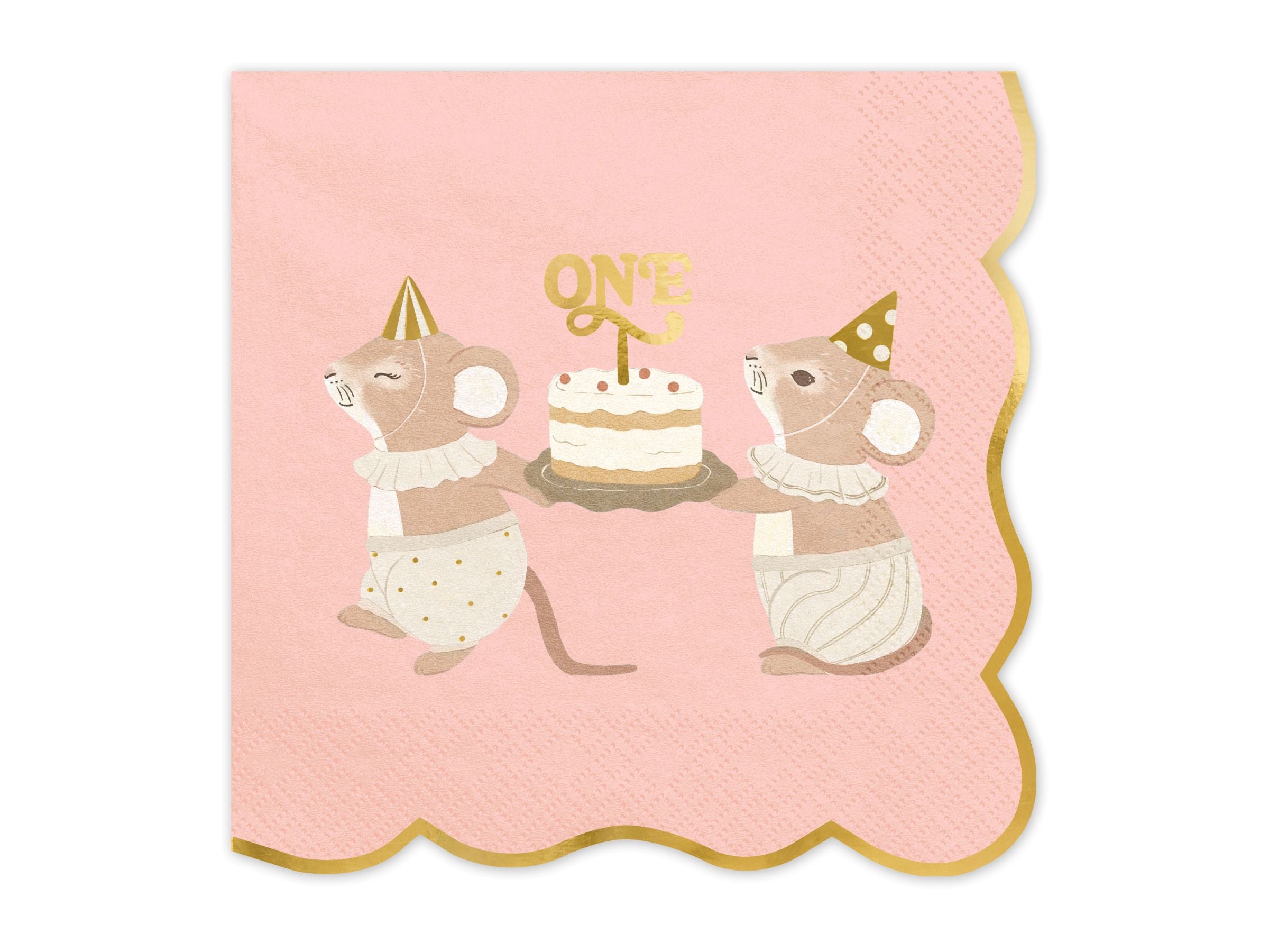 Close-up of a folded light pink party napkin featuring a gold scalloped edge and two cute mice carrying a birthday cake with a gold ONE topper.