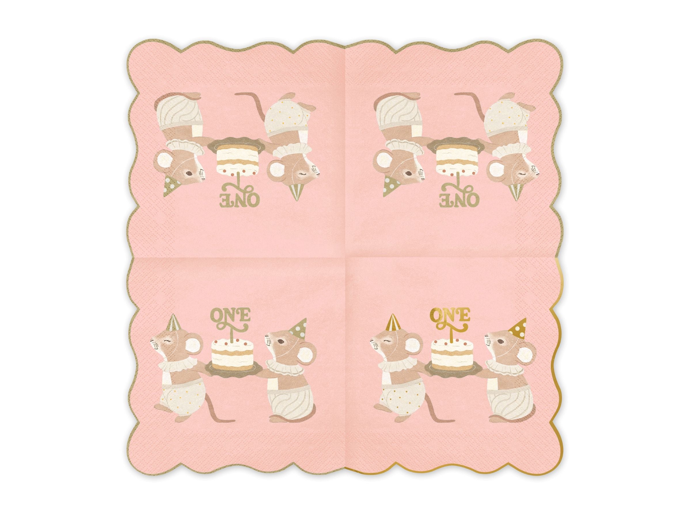 A fully unfolded pastel pink 2-ply party napkin showing the repeated vintage illustration of two mice holding a cake.