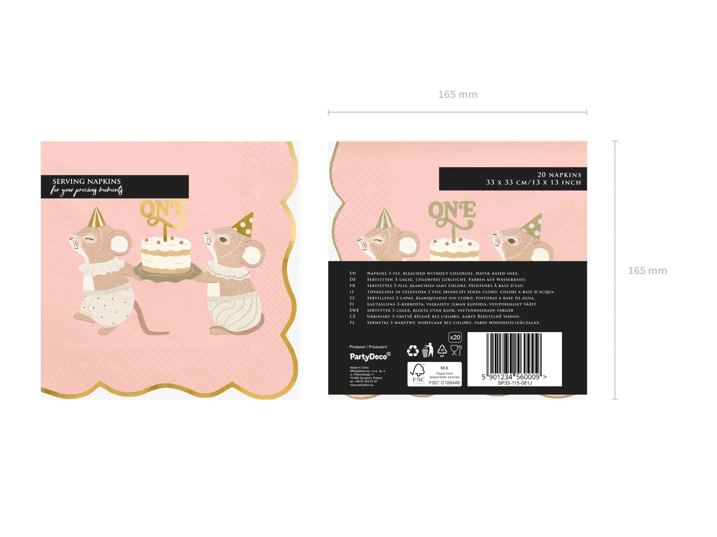 Front and back packaging details of the 12-pack 1st Birthday pink mice napkins, displaying the 33x33 cm sizing and eco-friendly manufacturing details.