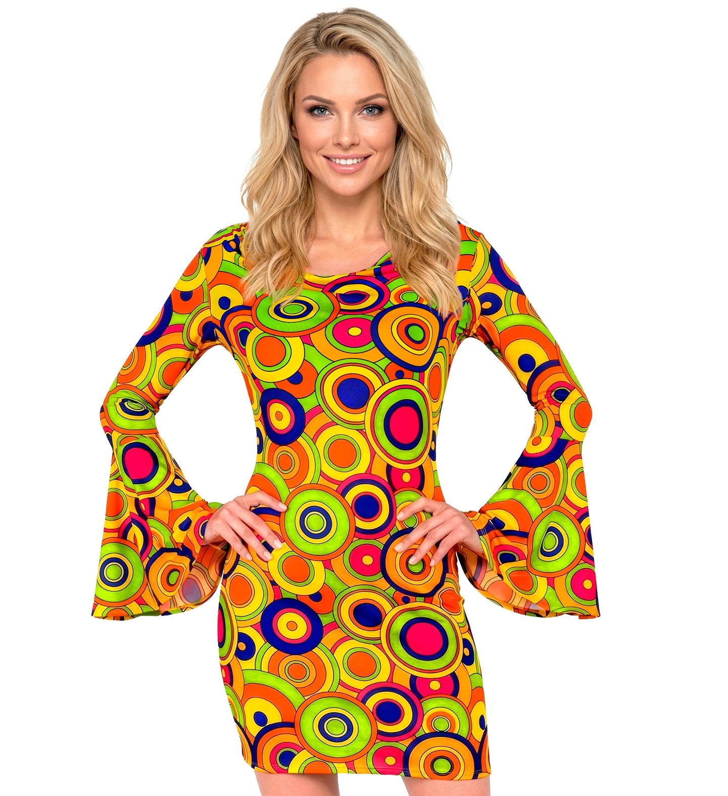 A smiling female model wearing a vibrant 1970s fancy dress featuring a short hemline, long dramatic bell sleeves, and a colorful retro psychedelic circle pattern.