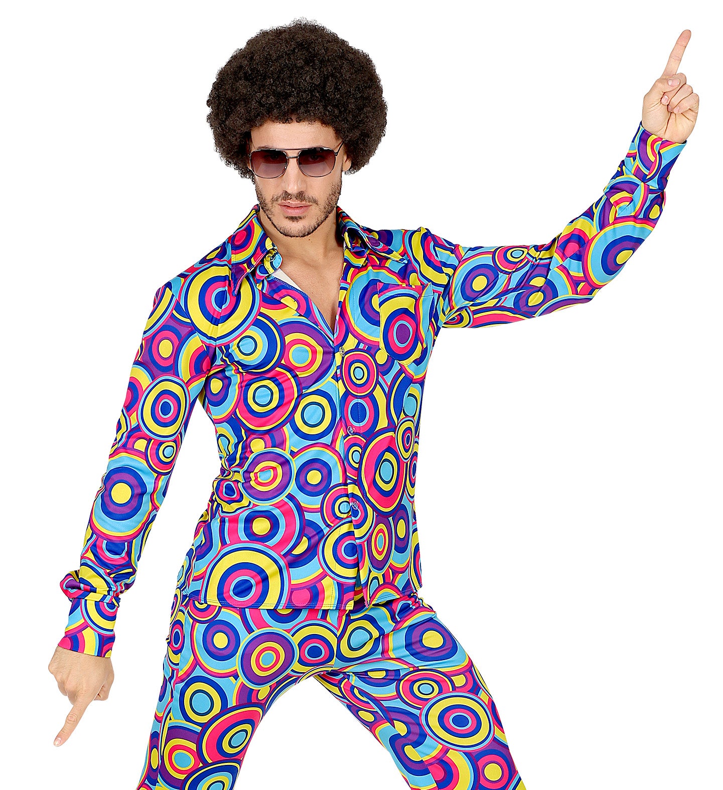 A front view of a model striking a classic disco pose wearing an Afro wig, aviator sunglasses, and a matching men's 70s groovy shirt and trousers set with a blue bubble print.