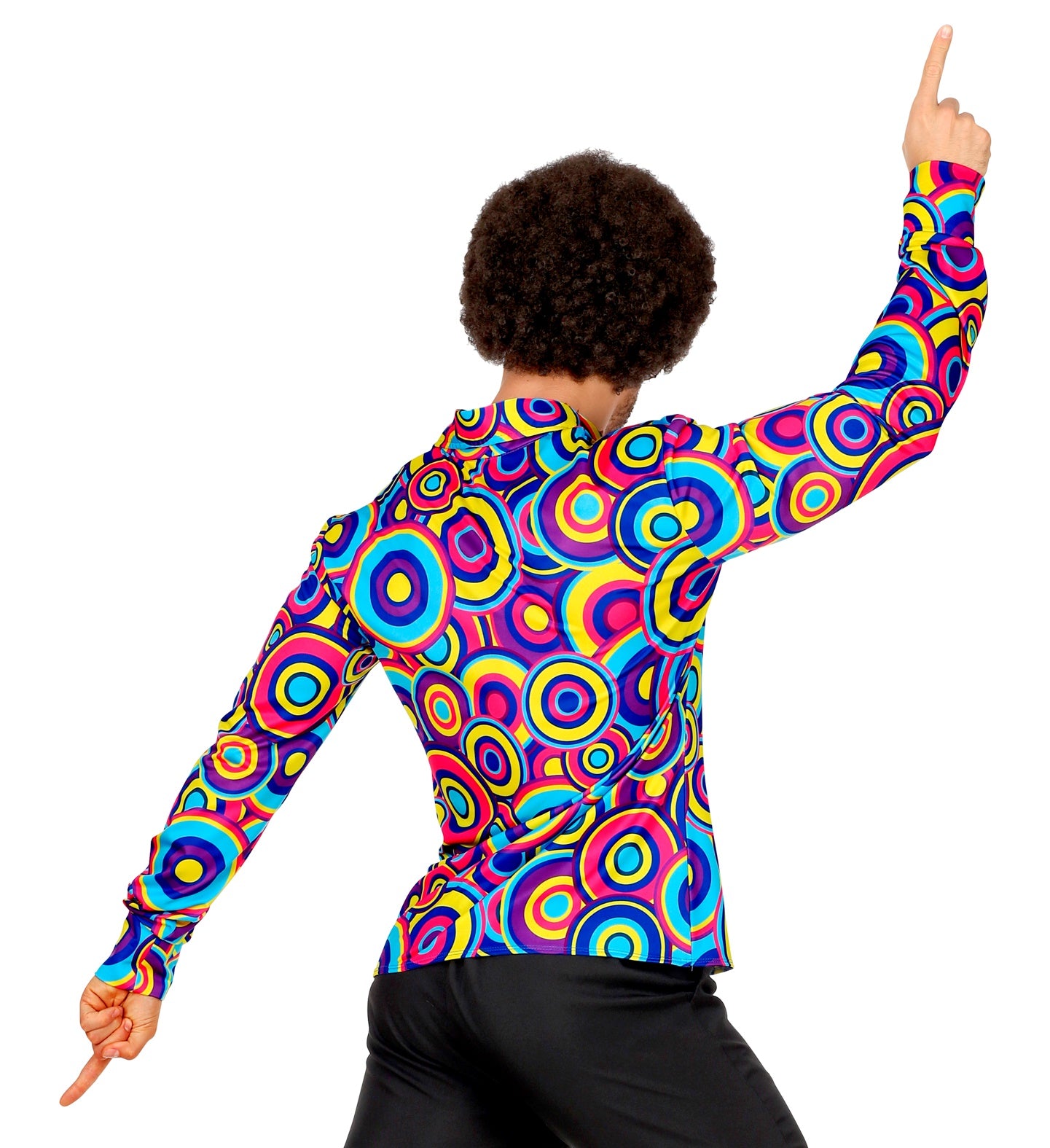The back view of a model in an Afro wig and a blue bubble print 70s disco shirt, pointing up and down in a dance pose.