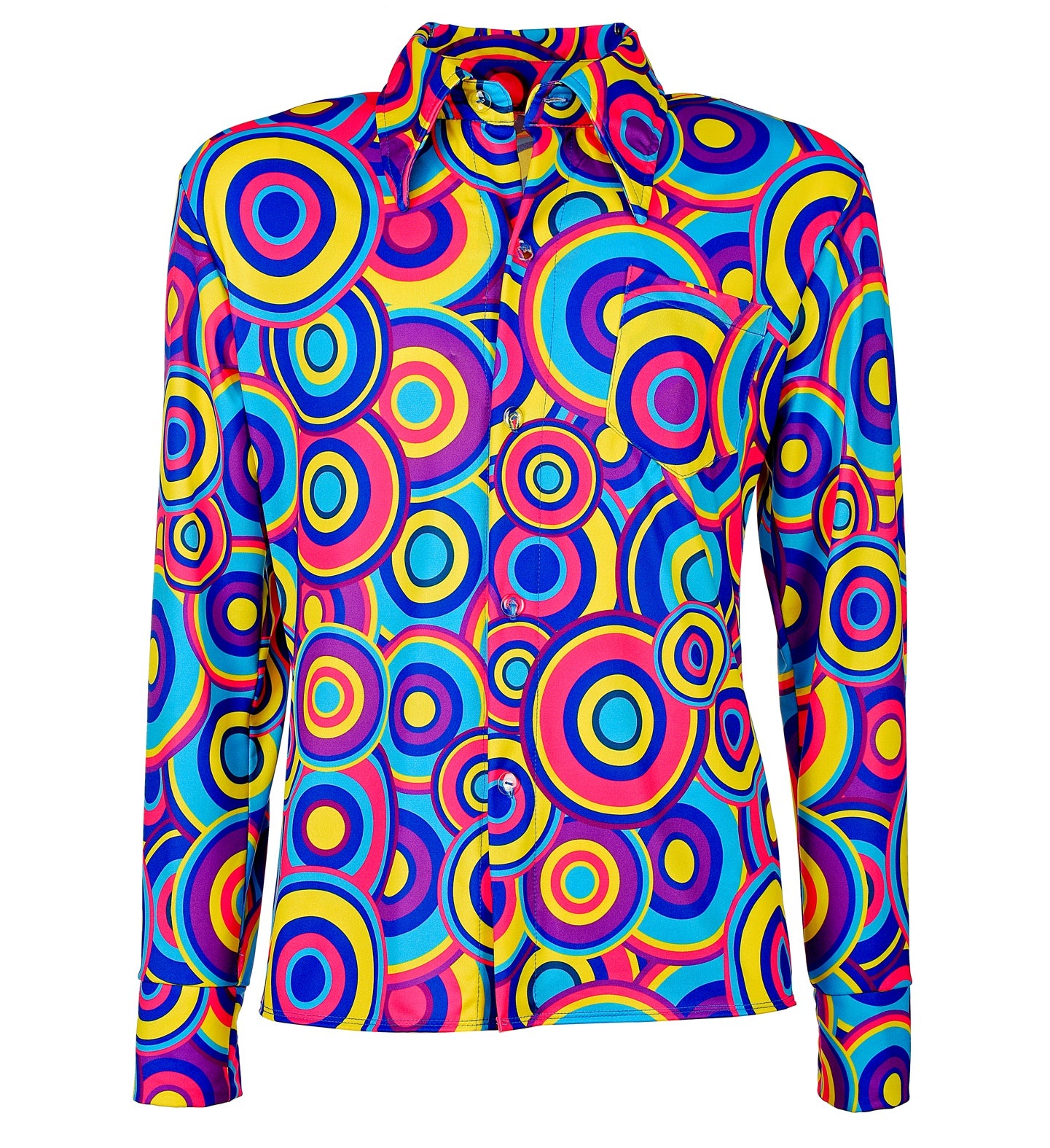 A studio shot of the men's 70s groovy shirt showcasing the detailed blue, pink, and yellow bubble pattern, wide wing collar, and front button closure.