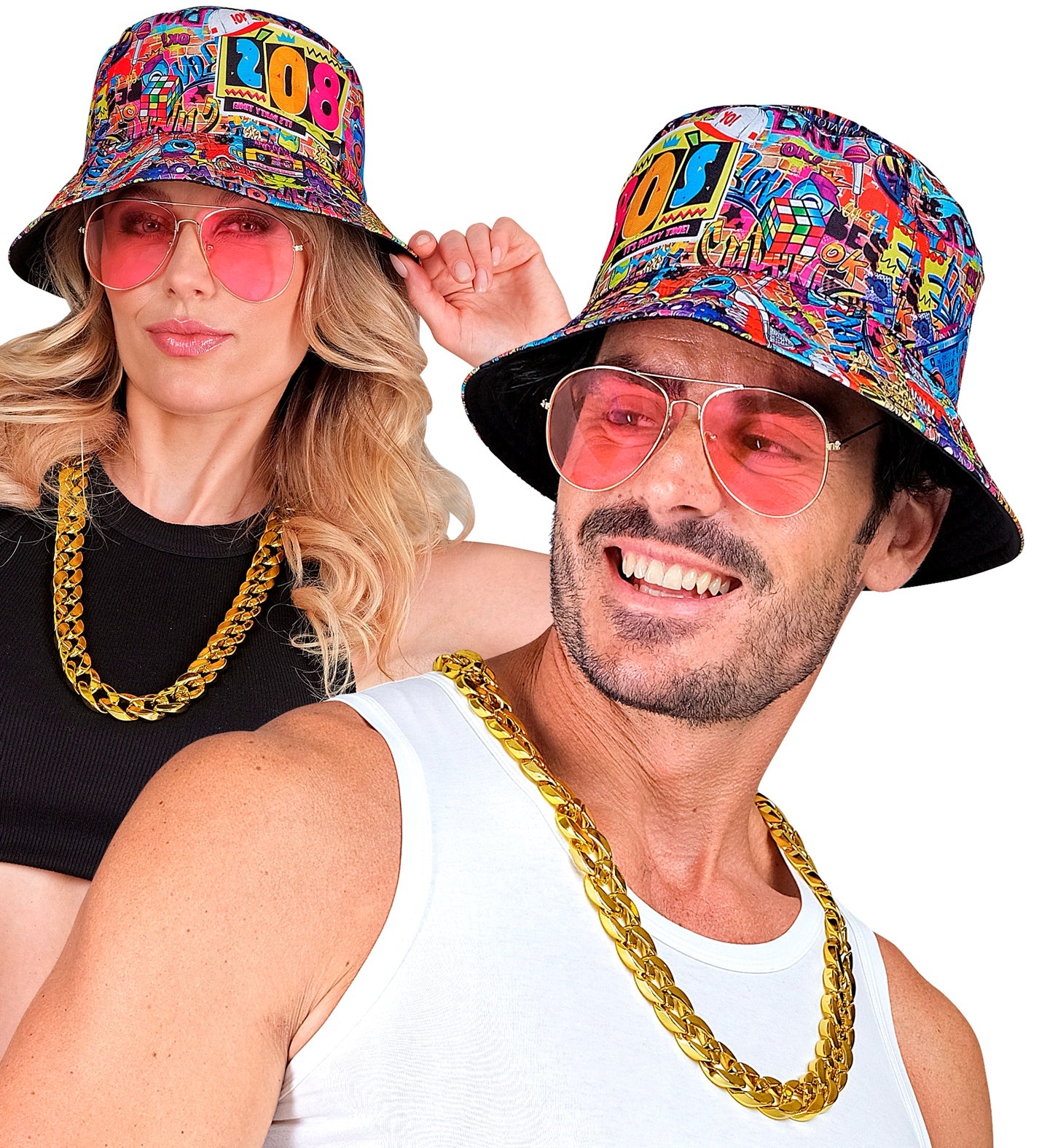 80's Funky Fashion Costume Kit with graffiti bucket hat, 80's glasses and gold chain necklace