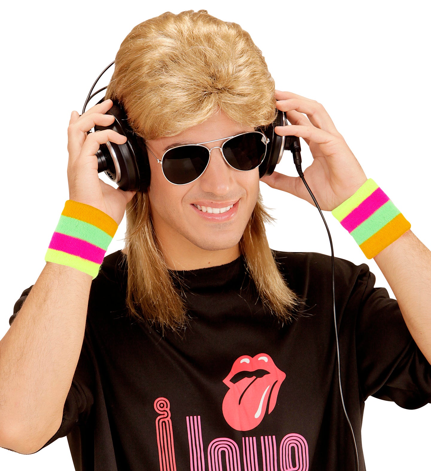A smiling model wearing an 80s fancy dress outfit featuring a blonde mullet wig, aviator sunglasses, a black t-shirt, and striped multicolour neon wristbands while holding large DJ headphones.