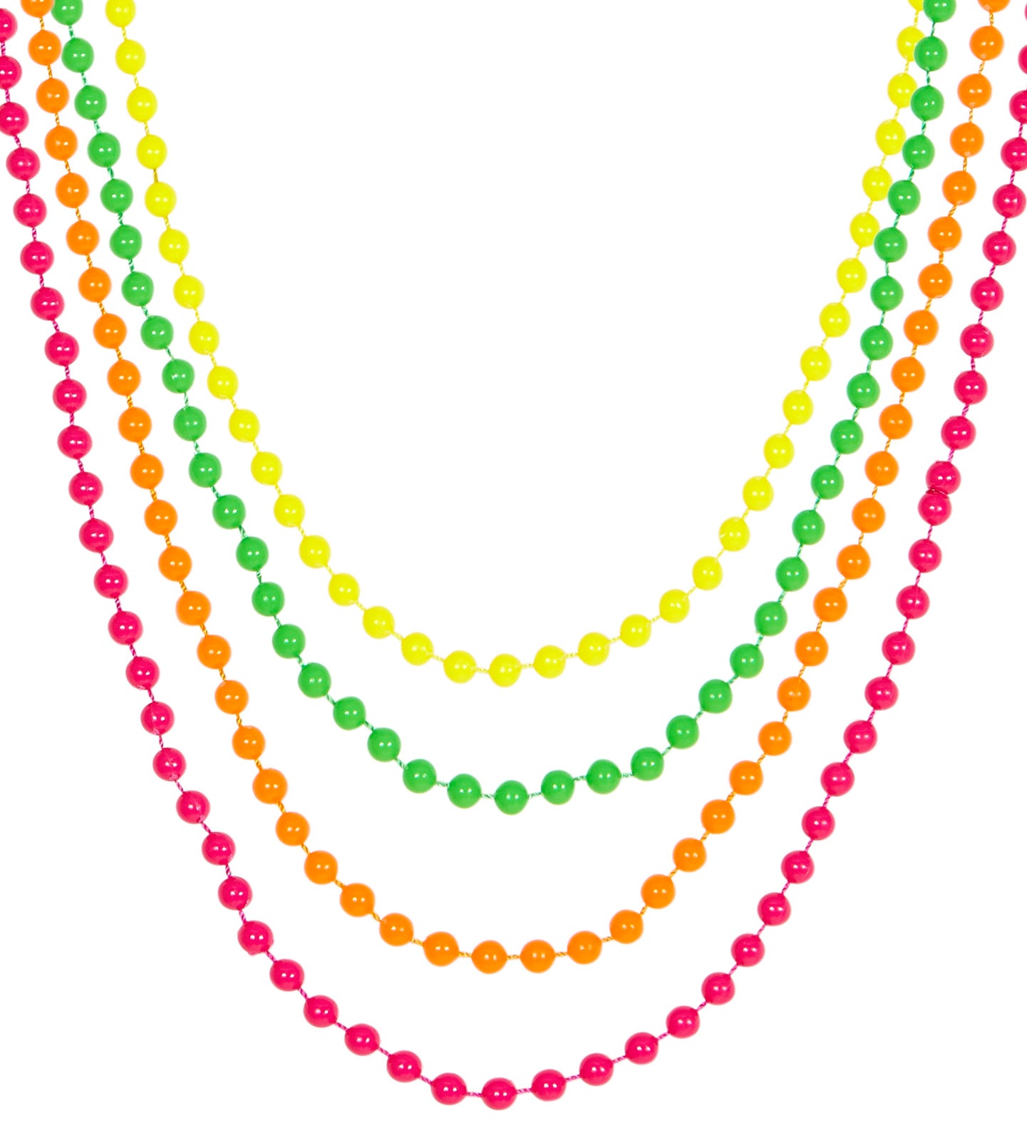 A flat lay display of four long, brightly colored fancy dress beaded necklaces draped in overlapping u-shapes, featuring one neon pink, one neon orange, one neon green, and one neon yellow necklace.