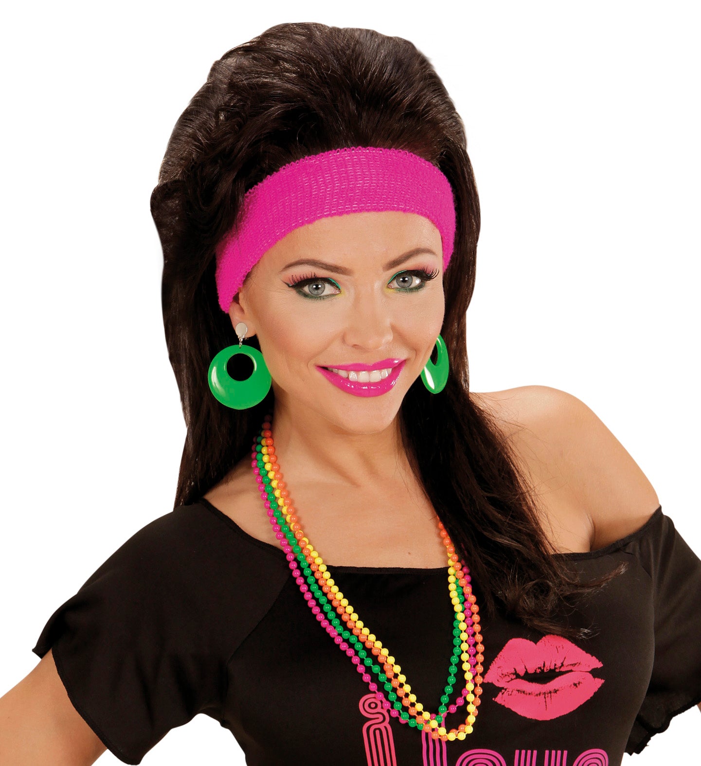 A smiling model wearing vibrant 80s fancy dress accessories, featuring a bright pink sweatband, large green hoop earrings, and four layered neon beaded necklaces in pink, orange, green, and yellow.
