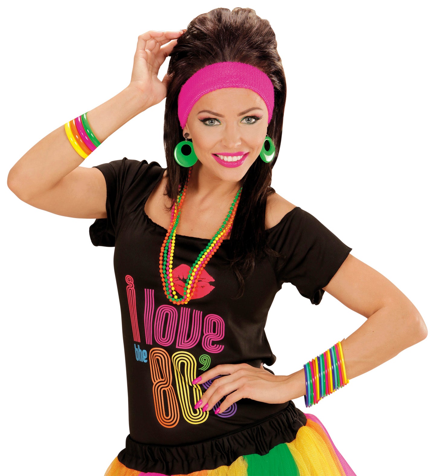 A model posing playfully in a complete 80s fancy dress outfit, wearing an 'I Love the 80s' black t-shirt, a colorful rainbow tutu, neon bangle bracelets, and four layered neon beaded necklaces.