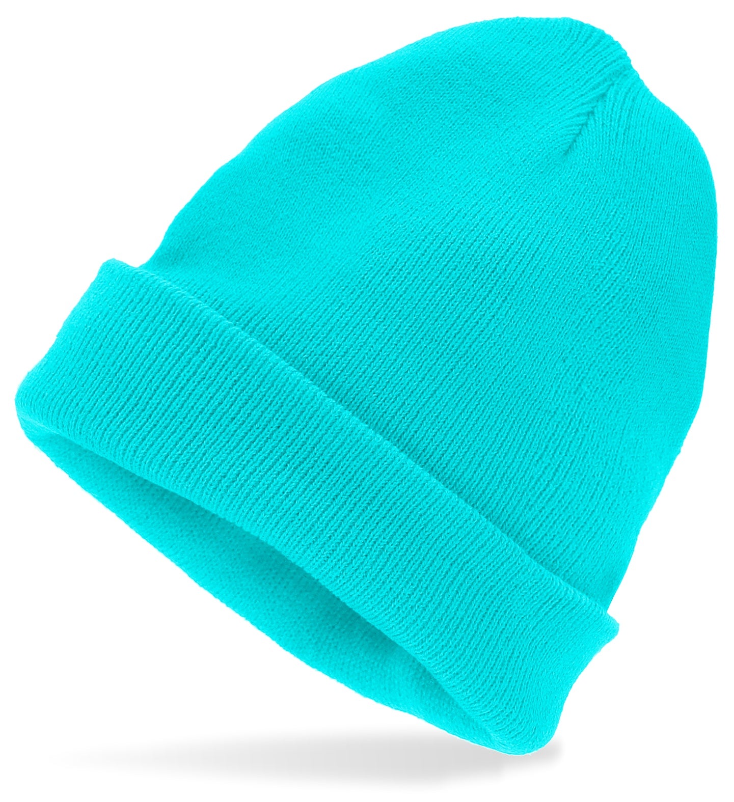 A classic ribbed knit beanie hat in a bright, vibrant neon cyan blue color displayed on a white background.