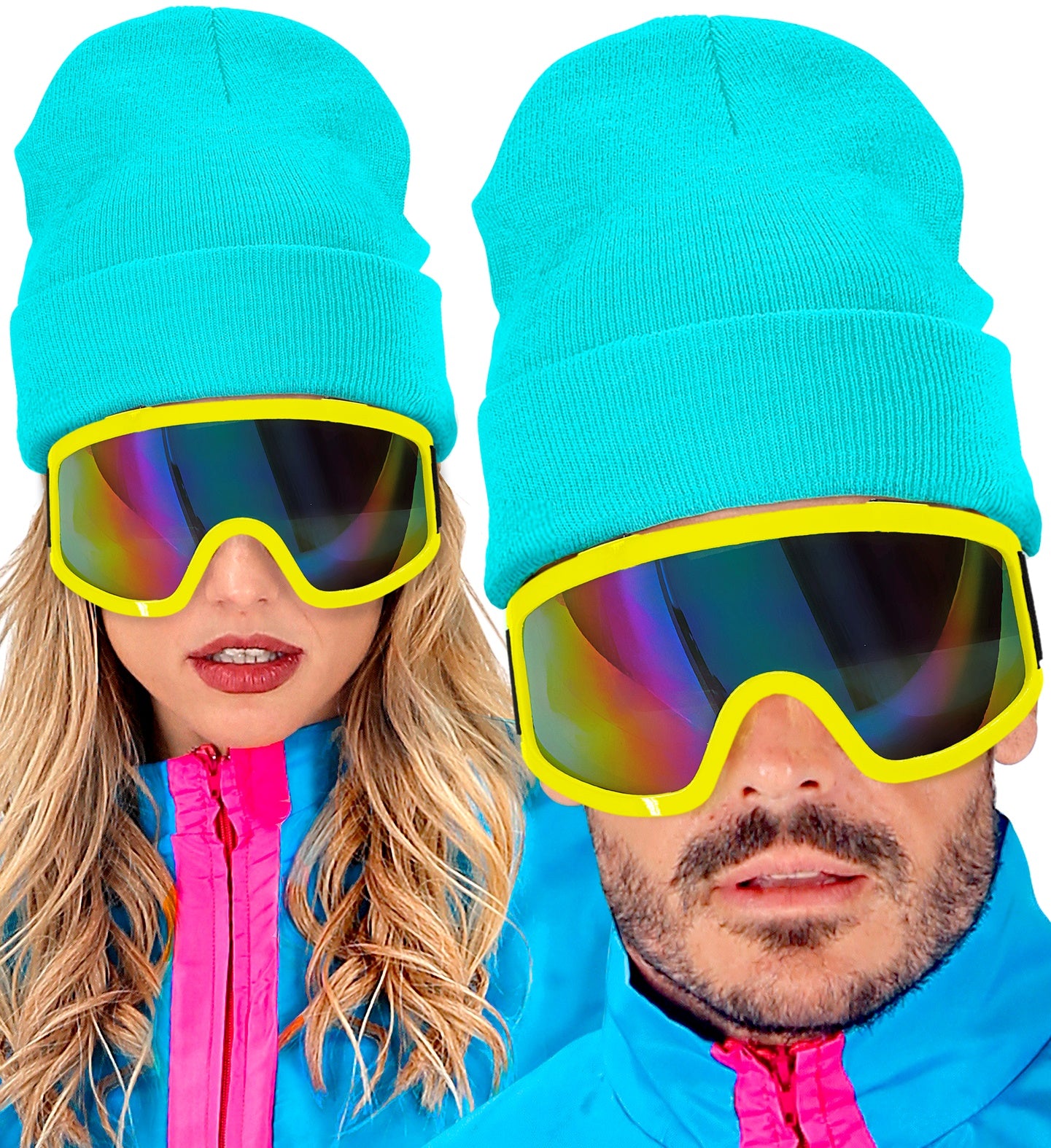 A man and woman styled in 80s retro ski fashion, both wearing bright neon blue beanie hats, neon windbreakers, and oversized reflective rainbow ski goggles.