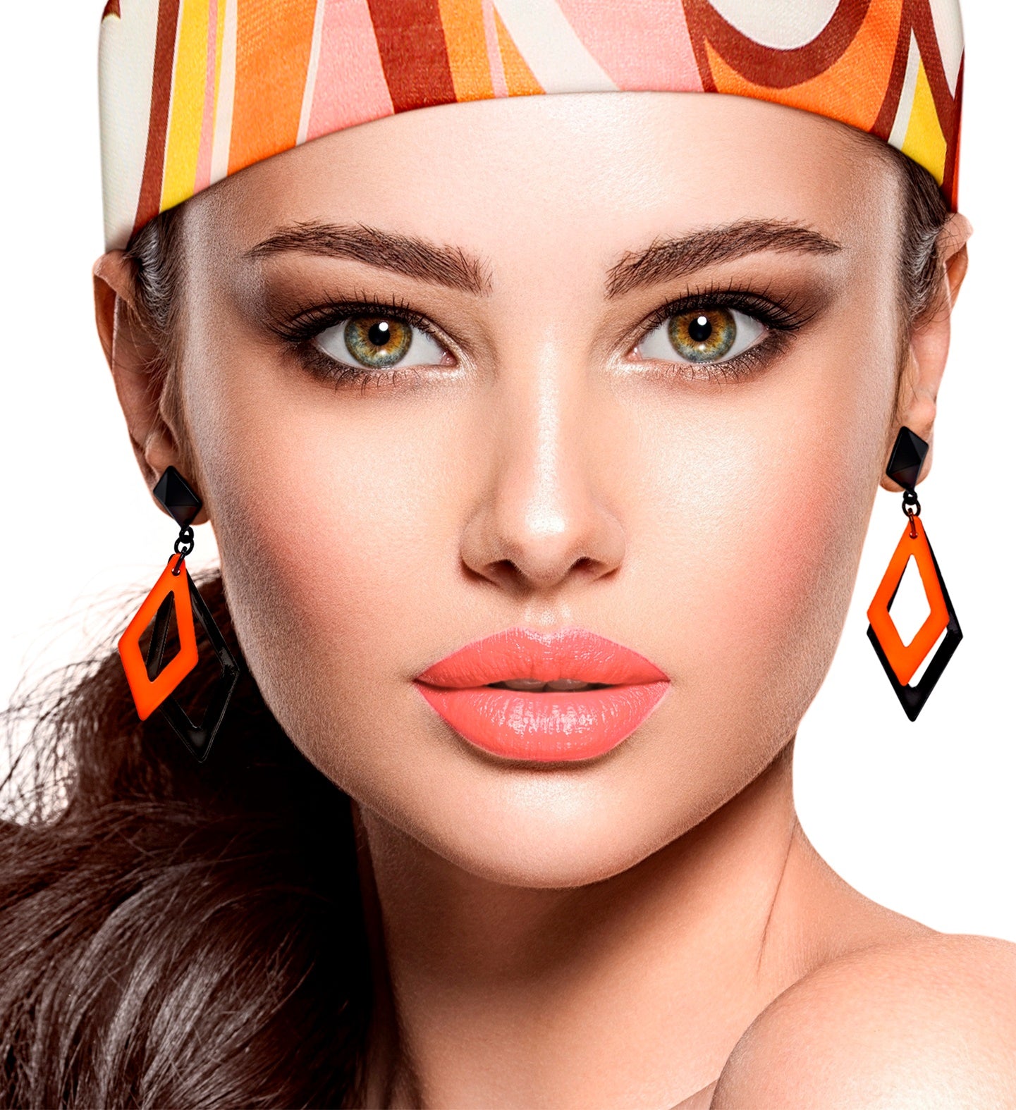 80's Rhombus Neon Earrings Orange costume accessory