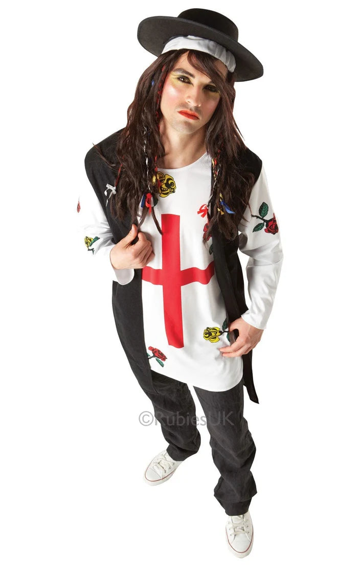 Man wearing an 80s New Wave Popstar costume, featuring a colorful tunic top with an attached waistcoat, and a round hat with an attached wig, resembling Boy George.