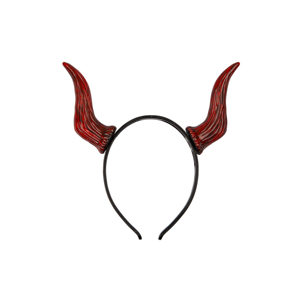 A black headband with two adjustable, textured red and black demonic horns, shown on a white background.