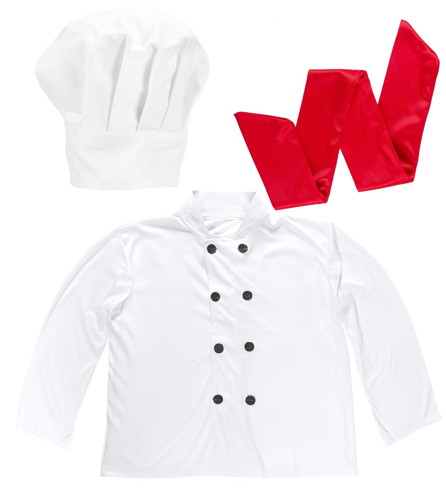 Adult chef costume accessory set featuring a white double-breasted jacket, tall white hat, and red neck scarf.