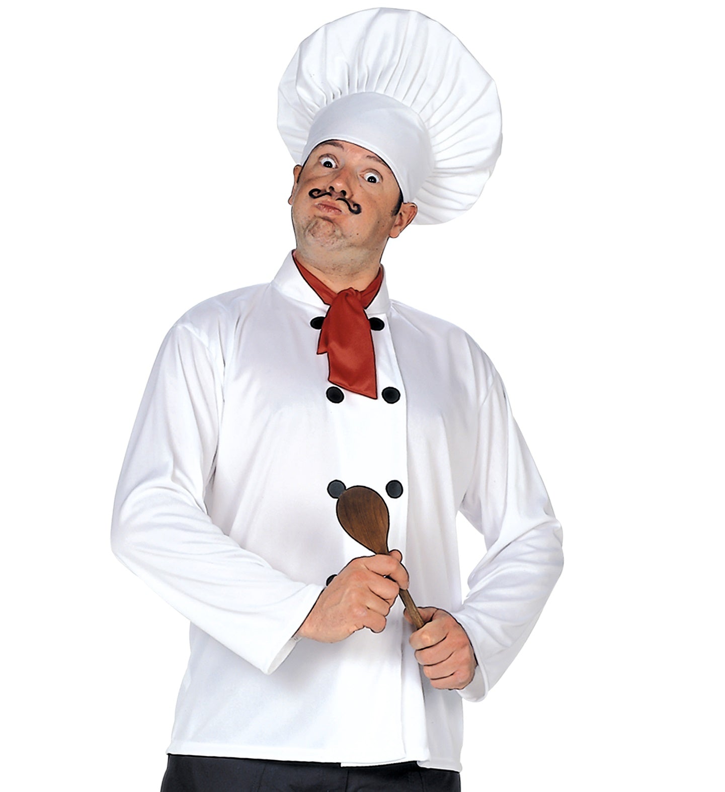 Man posing in a professional adult chef costume set holding a wooden spoon with a playful expression.