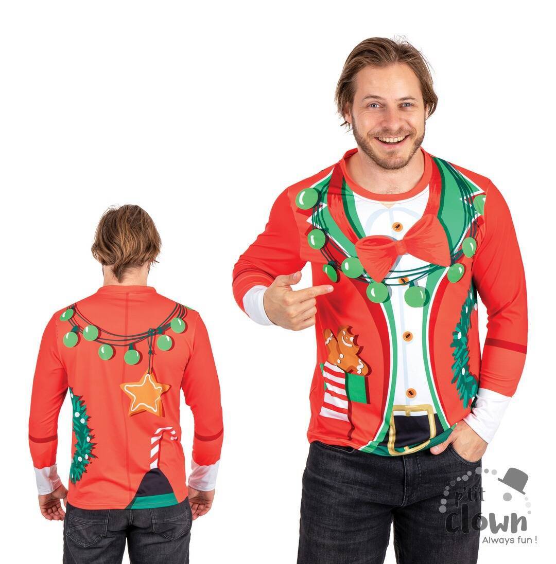 A man models a long-sleeved Christmas T-shirt printed to look like a festive red and green jacket with a bow tie and gingerbread man, showing the front and back design.