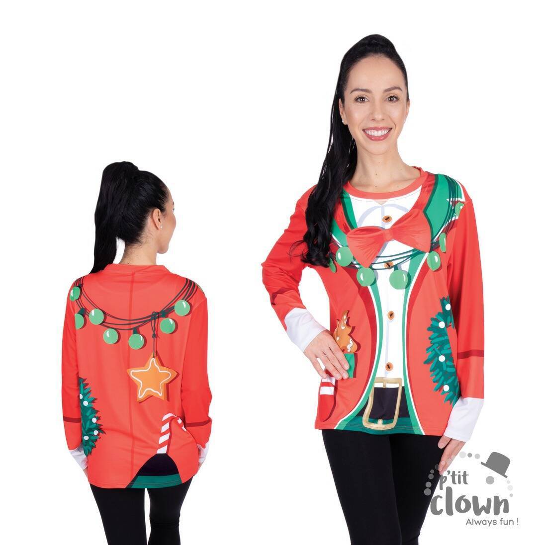 A woman models a long-sleeved Christmas T-shirt printed to look like a festive suit with lights and a large star ornament, showing the front and back design.