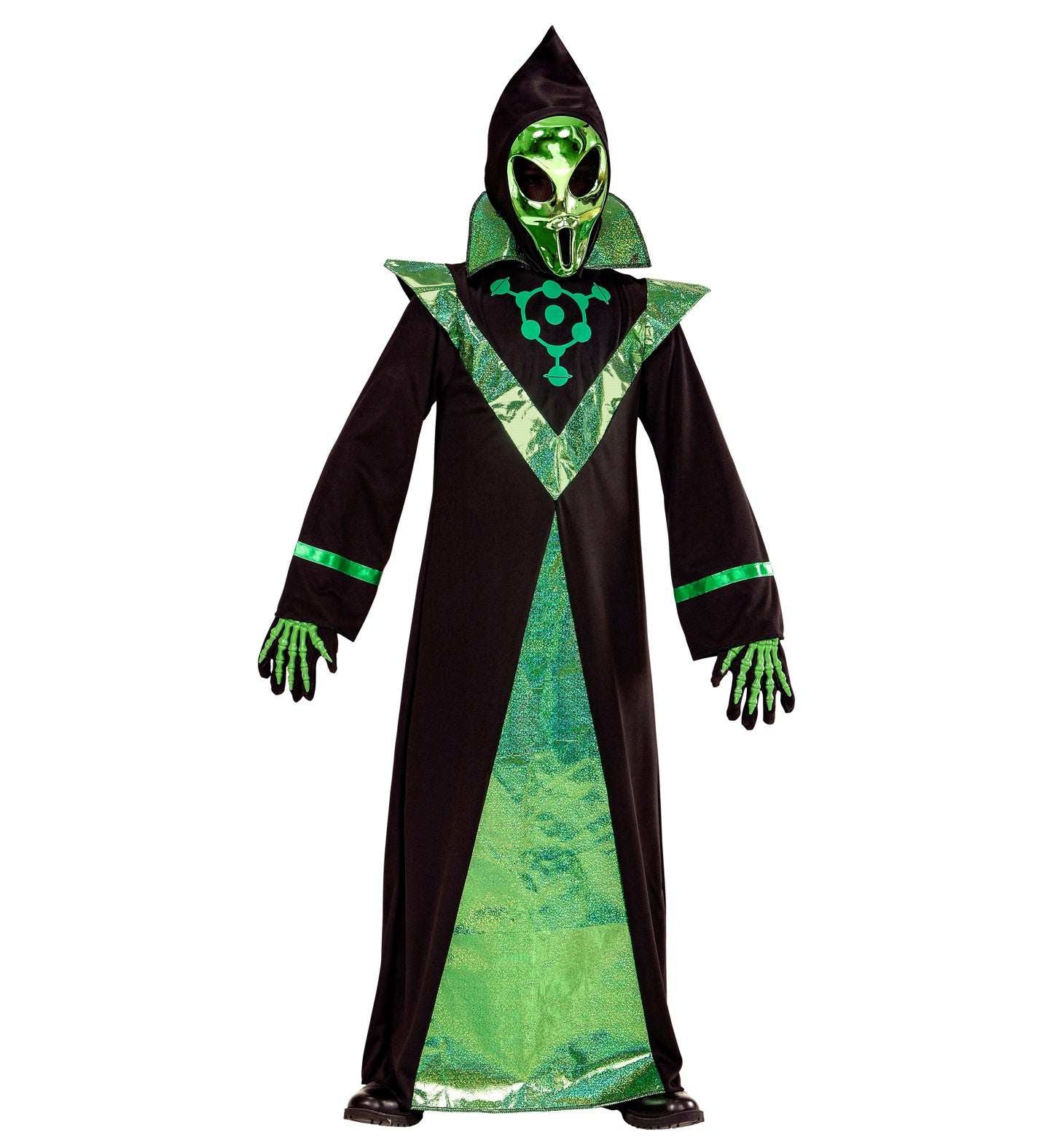 A child models a full Alien Overlord costume, which includes a long black robe with sparkly green panels, pointed shoulders, and a shiny green alien mask under a black hood.