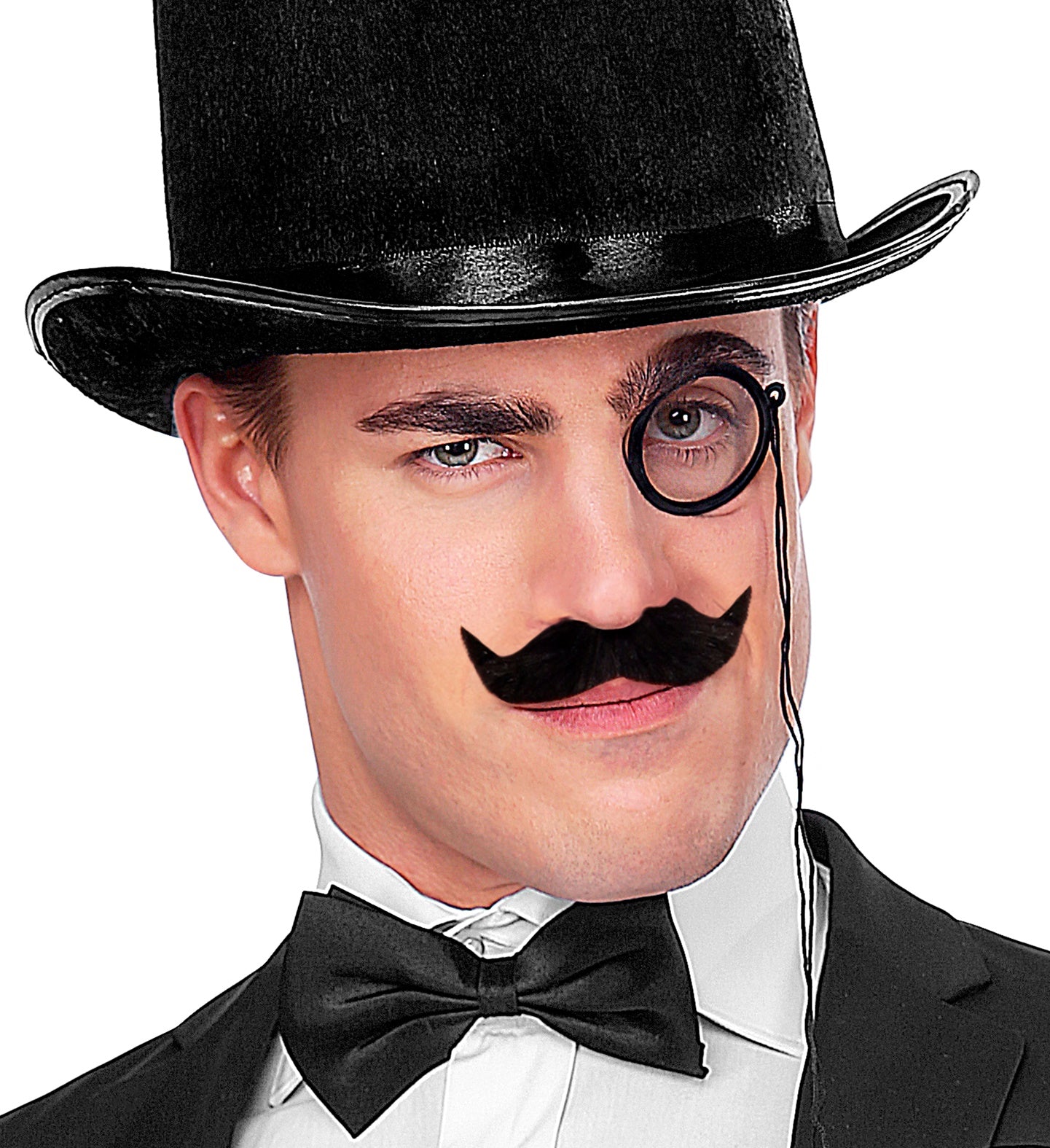 A man in a Victorian gentleman costume with a top hat and monocle, wearing the black Ambassador moustache.