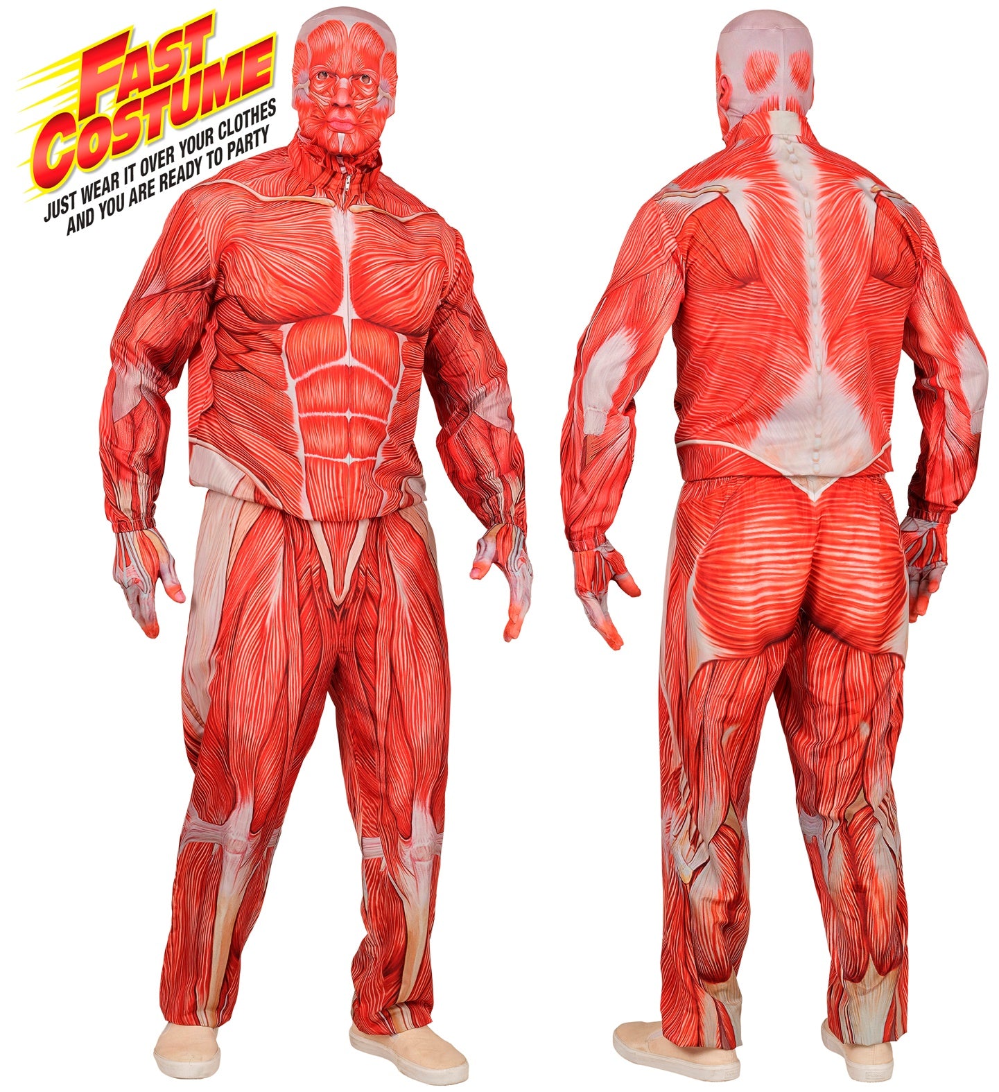 A man models the 'Fast Costume' Anatomy Man outfit, featuring a 3D muscle print jacket and pants designed to be worn over clothes.