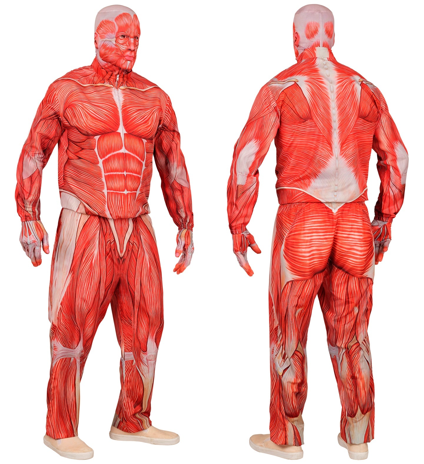 Front and back views of the adult muscle man costume, showing the detailed anatomical print on the tracksuit-style outfit.