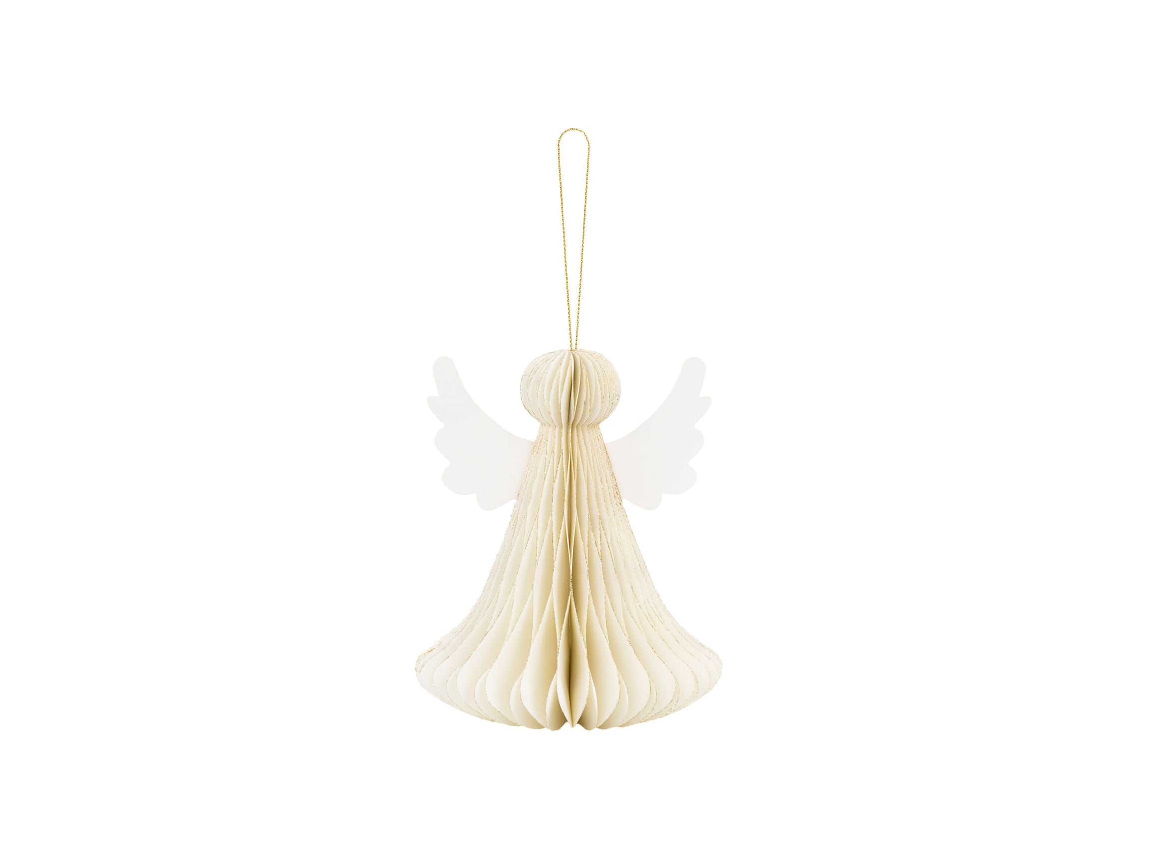 A 15cm hanging paper honeycomb decoration in an ivory colour, shaped like an angel with wings.