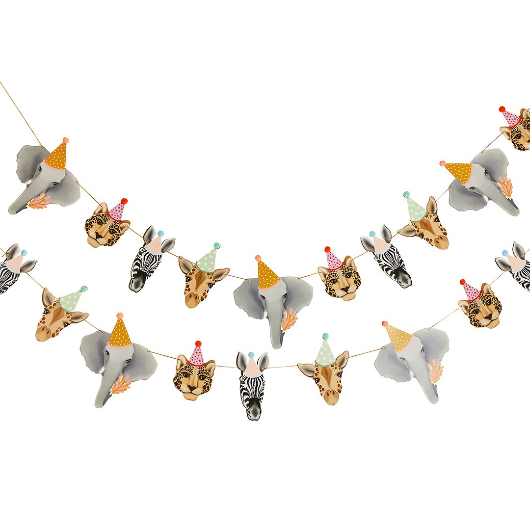 Safari animals party garland hung in a double loop, featuring leopards, zebras, and elephants, perfect for zoo-themed birthday decor.