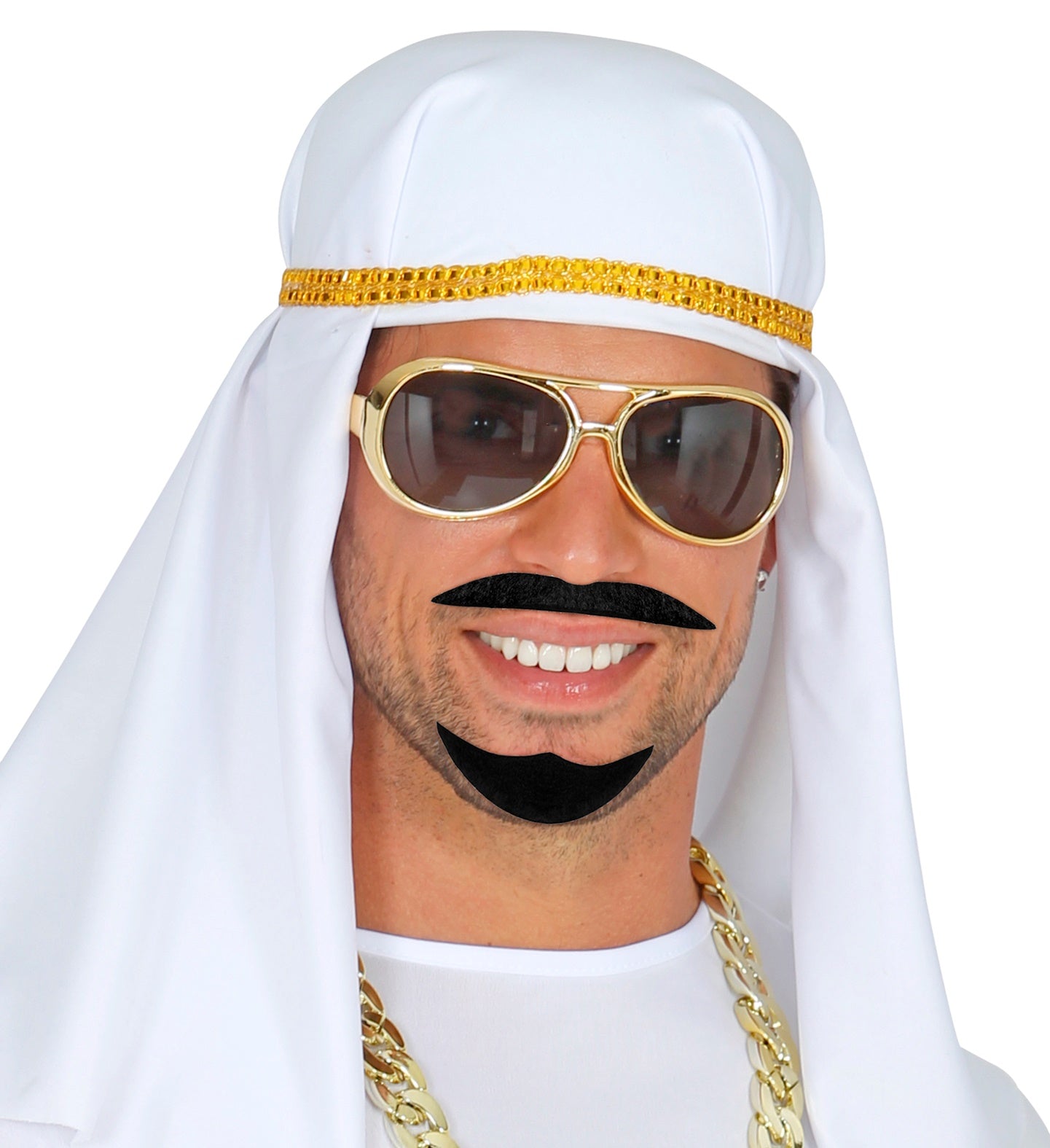 Smiling man wearing the black beard and moustache set with a white and gold traditional headdress and gold aviator sunglasses.