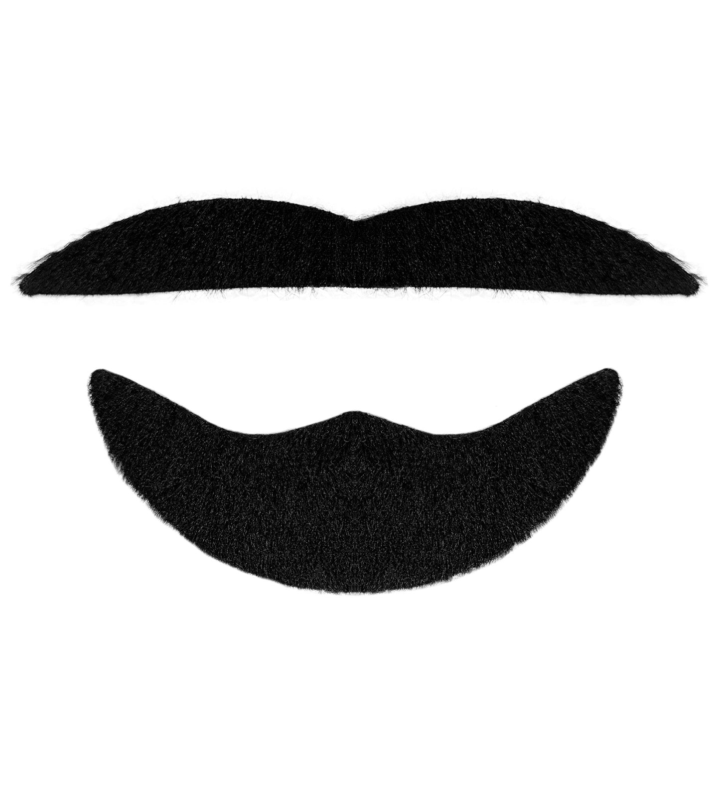 Two-piece black costume facial hair set featuring a curved moustache and a pointed chin beard.