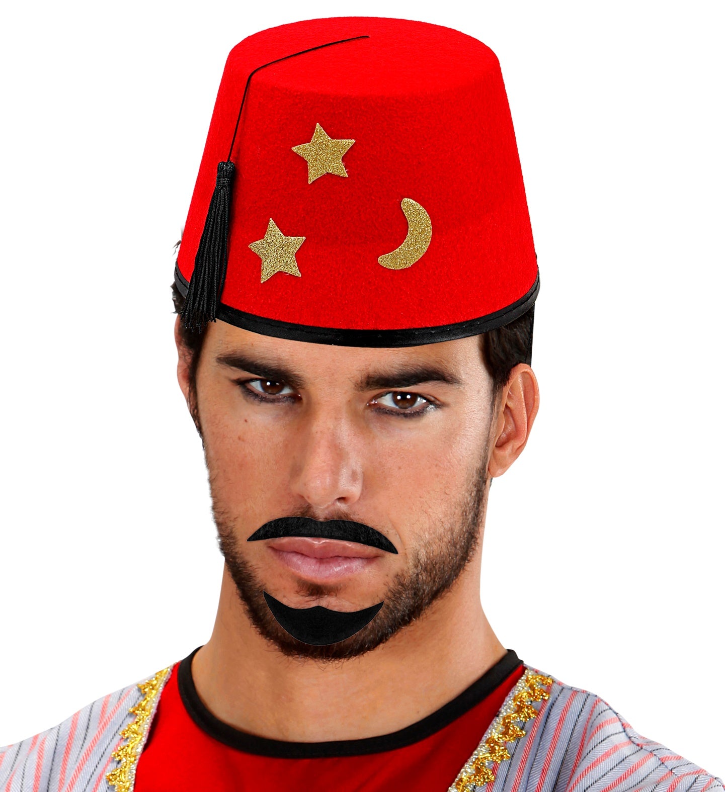 Man modeling the black beard and moustache set paired with a red felt Fez hat featuring gold moon and star details.
