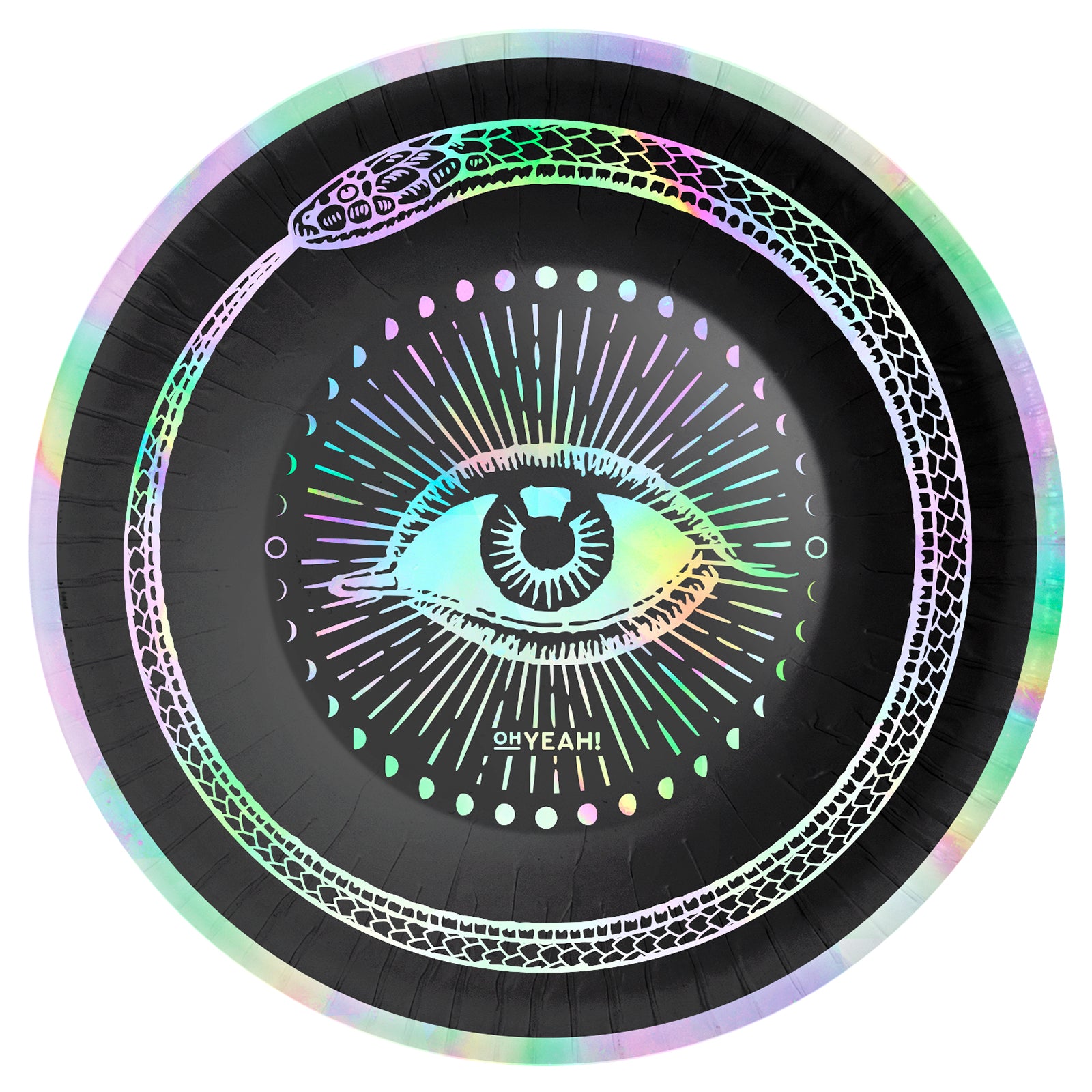 A halloween themed round black snack bowl featuring a colorful iridescent graphic of a snake wrapping around an eye with radiating lines and the text 'SH YEAH!' in the center, shown on a plain white background.