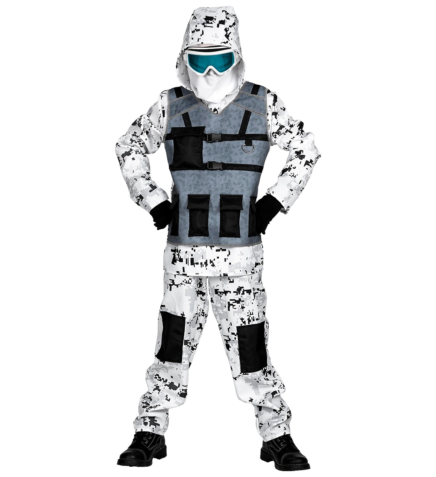 A child in a full arctic special forces costume with white digital camouflage, a tactical vest, and a white face mask.
