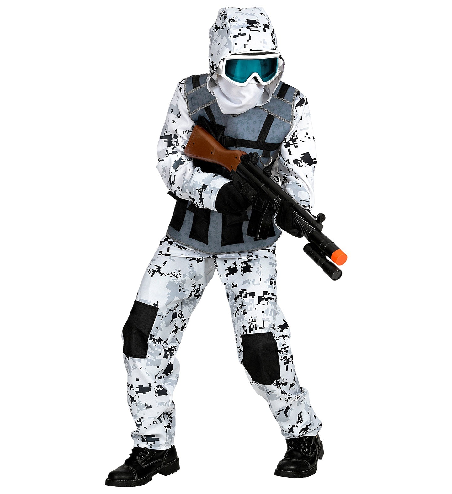 A child wearing a white camo soldier costume with a hooded coat and tactical vest, holding a large toy rifle.