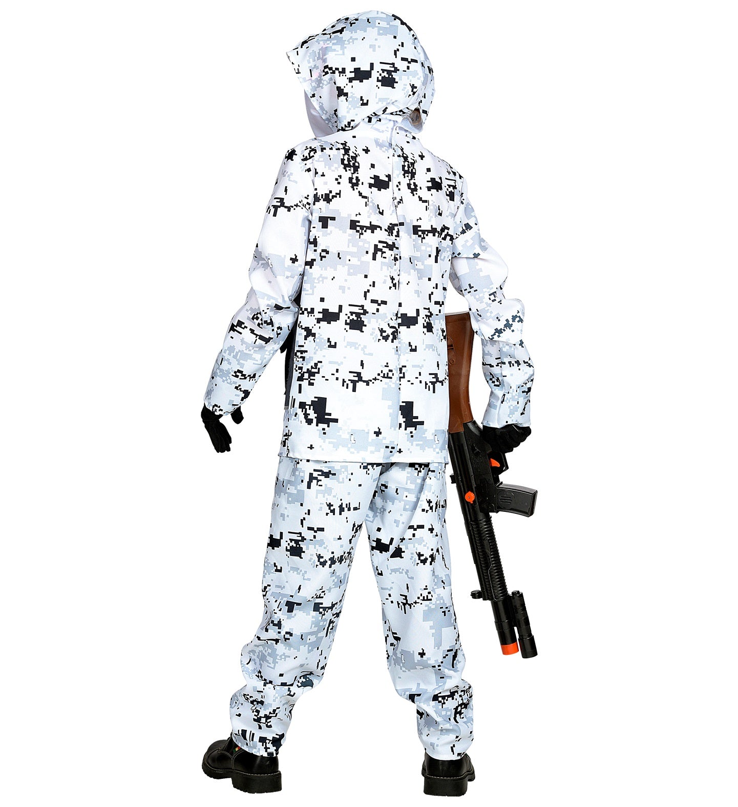 Back view of the child's arctic special forces costume, displaying the full white digital camouflage pattern on the hooded coat and pants.