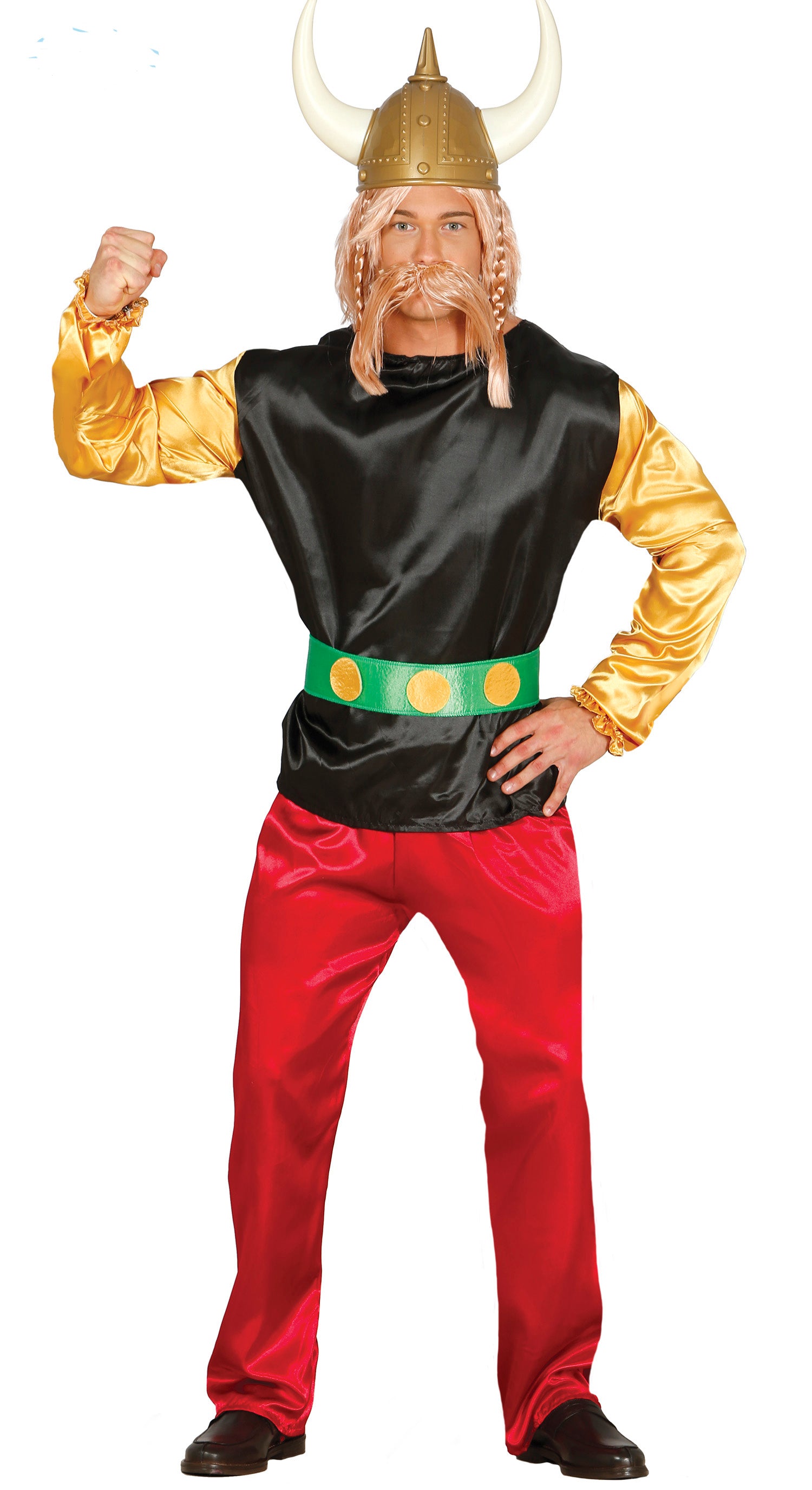 A man posing proudly in a classic comic book Gaul Warrior fancy dress costume, featuring a black tunic with bright gold sleeves, shiny red trousers, and a green belt with three yellow circles.