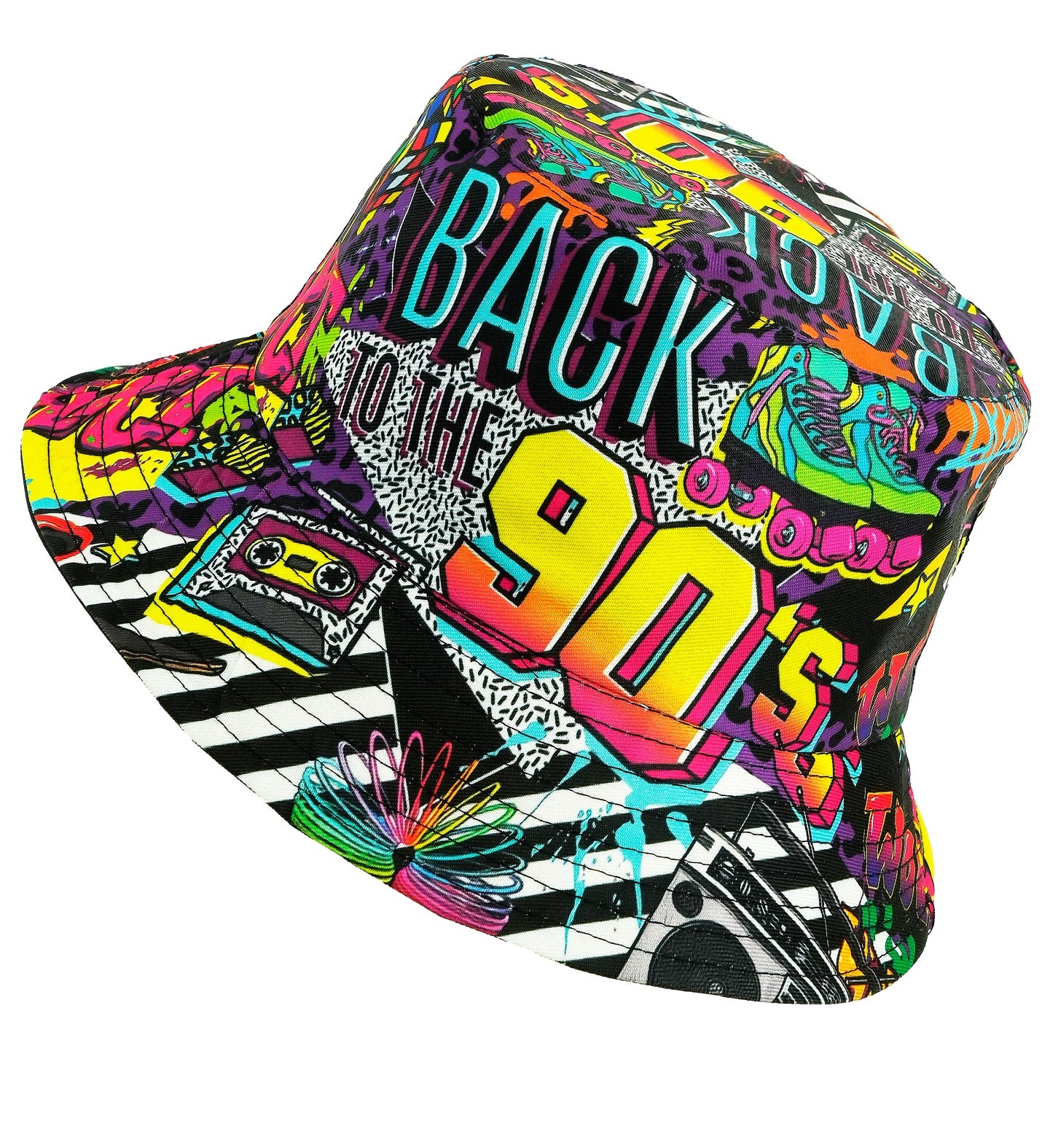 A colourful retro bucket hat with 'Back to the 90s' text and various 90s themed graphics like boomboxes and cassettes.