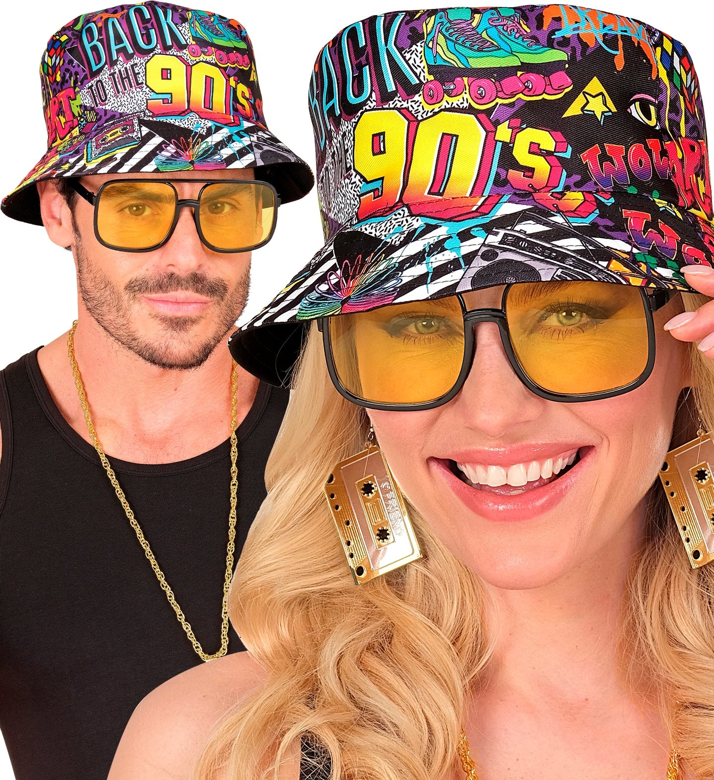 A man and a woman modeling the vibrant 90s themed bucket hat with retro yellow sunglasses.
