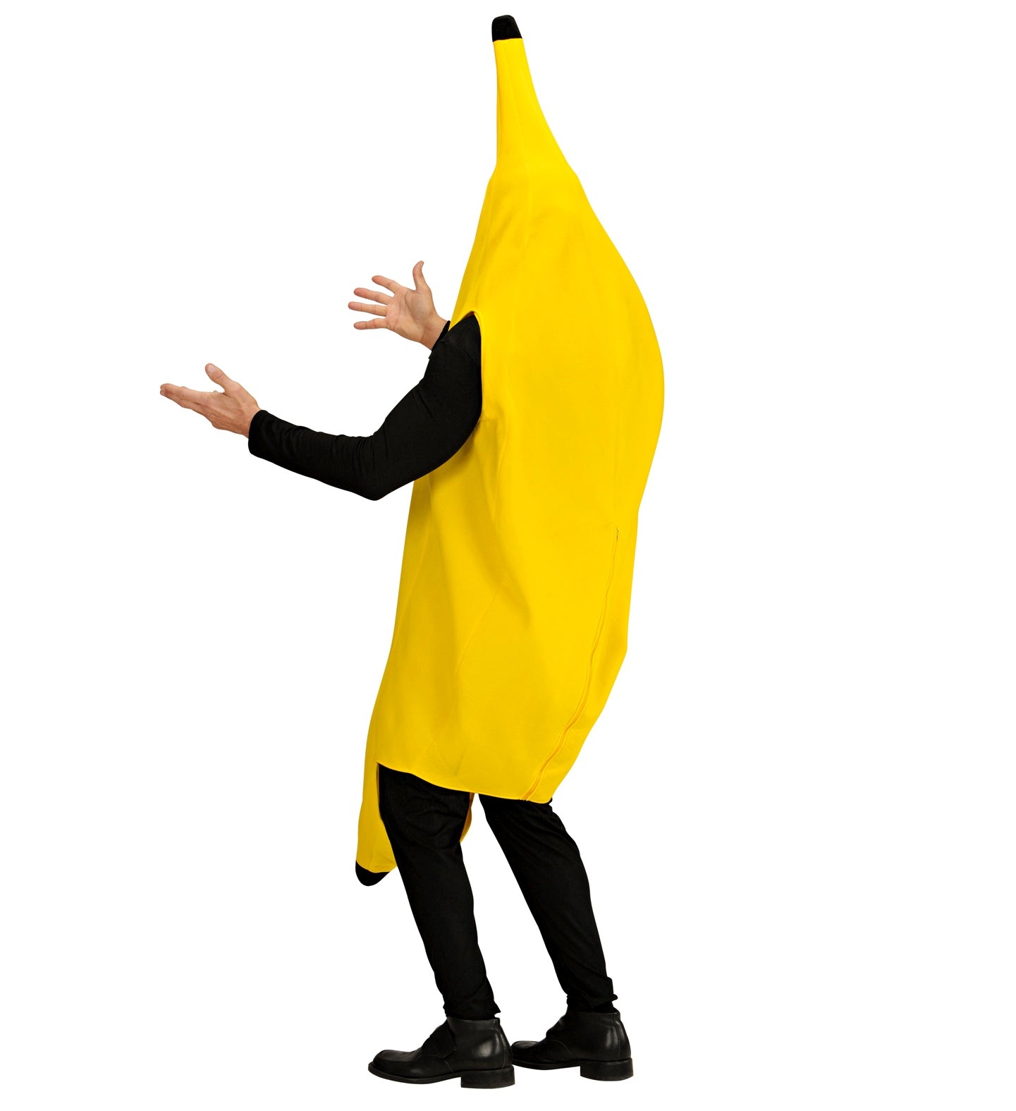 The back view of a person wearing a bright yellow, one-piece adult banana fancy dress costume, showing the smooth curved shape and the top stem of the fruit.