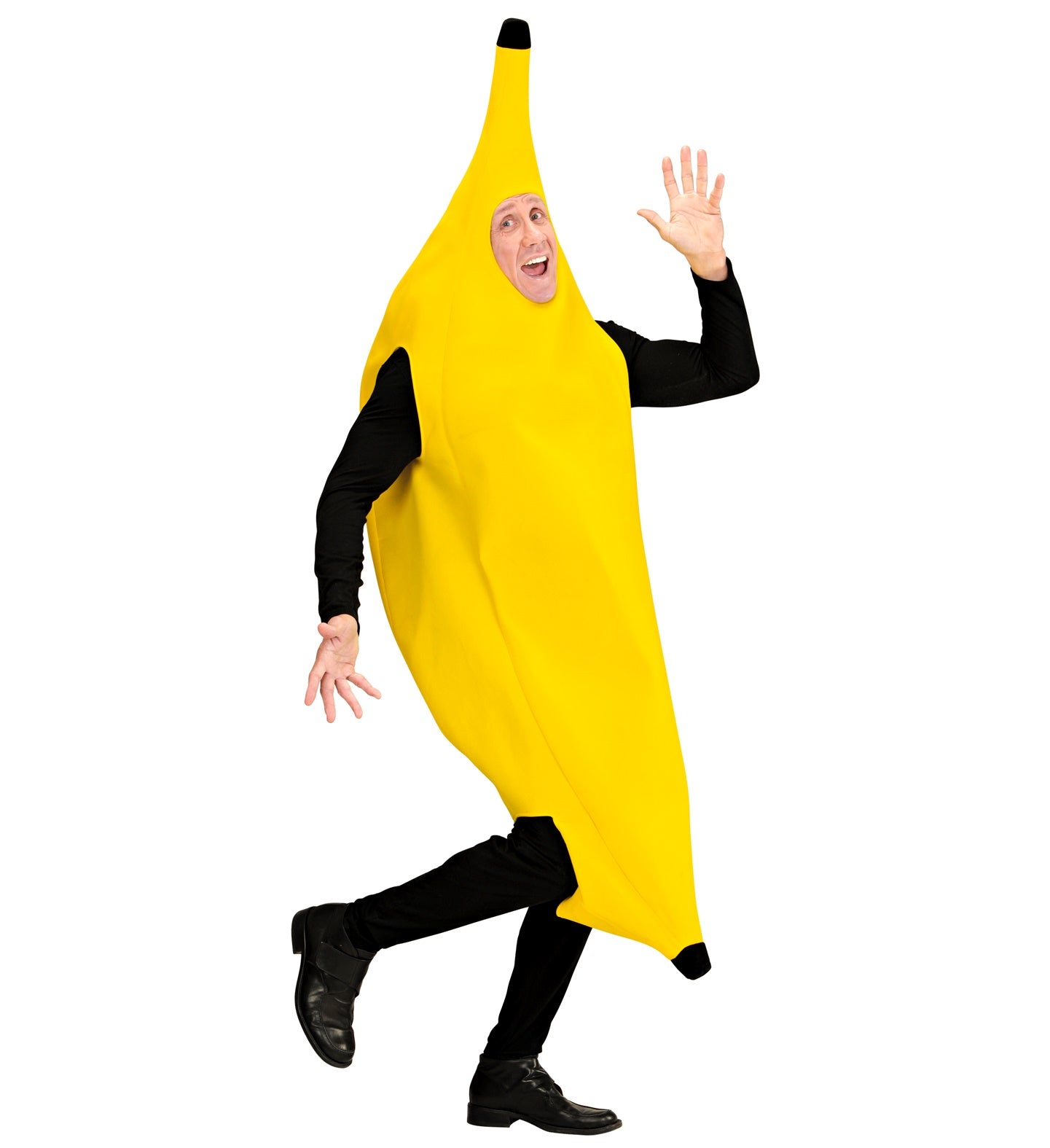 A man smiling playfully while wearing a bright yellow, one-piece adult banana fancy dress costume with a face cutout, layered over black long-sleeve clothing.
